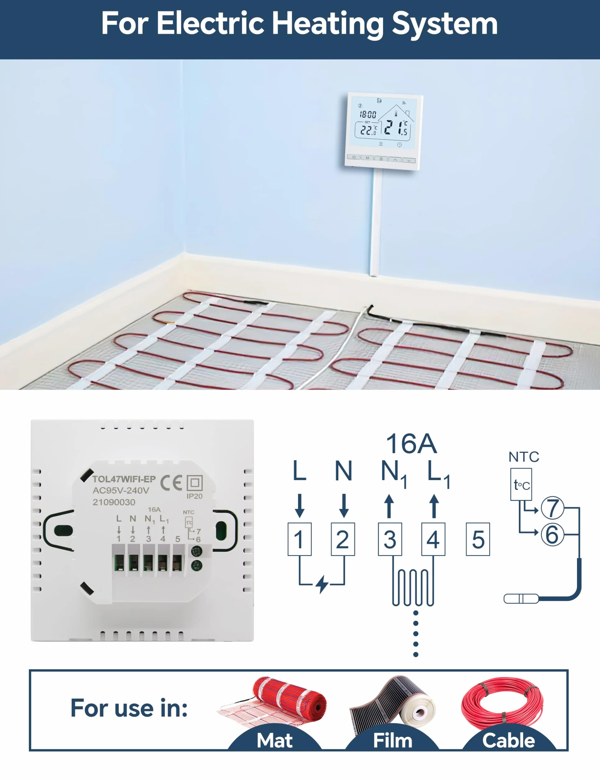 BEOK Tygodniowy programowalny inteligentny termostat Tuya, sterowany głosem Alexa termostat do ogrzewania podłogowego gazowo-wodnego. 3 A TOL47WIFI