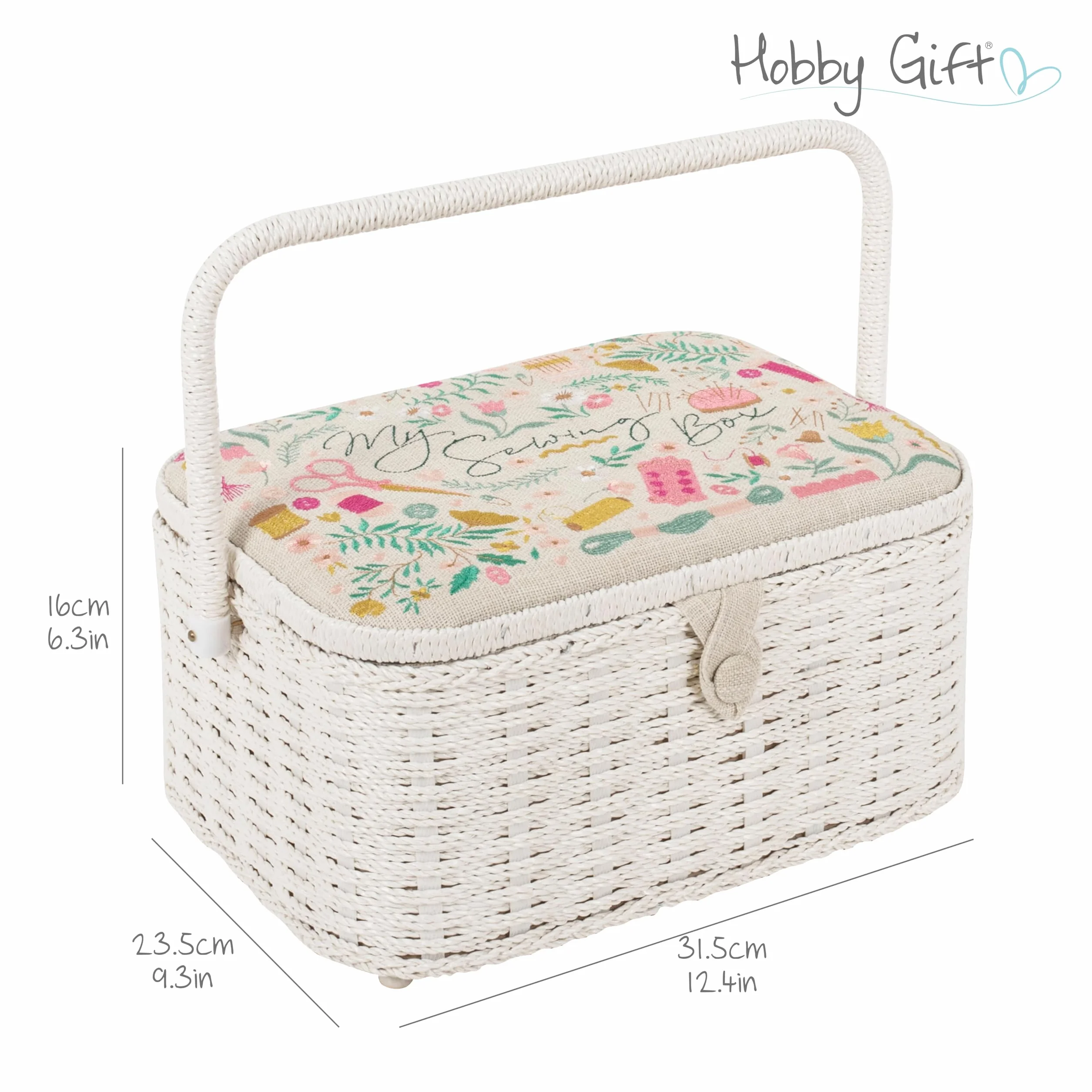 Hobby Gift Owalna skrzynka na przybory do szycia - duża, wygląd bawełny i lnu, haftowany wzór „Ma Couture”, boki i uchwyt z wikliny, wewnętrzna tacka, kieszeń i poduszka na szpilki, 23,5x31,5x16cm