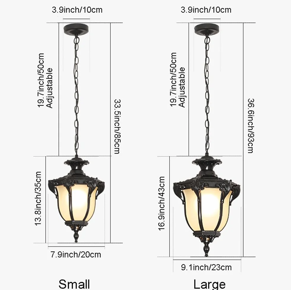 Europejskie wiszące oświetlenie zewnętrzne, lampa wisząca z matowym szkłem, wodoodporna oprawa oświetleniowa na werandzie do ogrodu, altana(Black,H:16.9inch/43cm)
