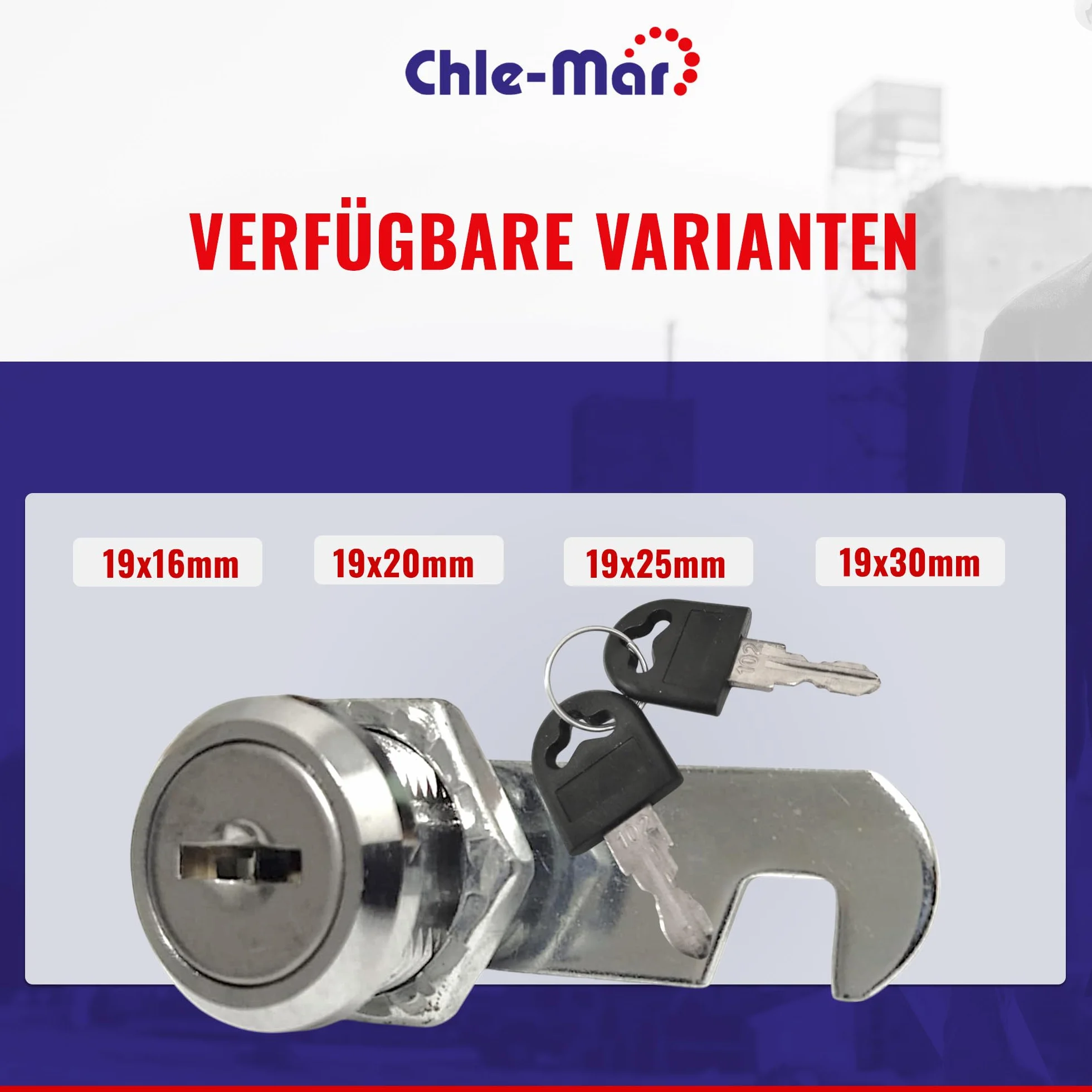 Chle-Mar – Zamek do skrzynki pocztowej 19x16 mm z kluczem | Mechanizm dźwigniowy do montażu wewnętrznego | Metalowe zabezpieczenie do kasetki na pieniądze – 2 klucze, kompaktowy i uniwersalny