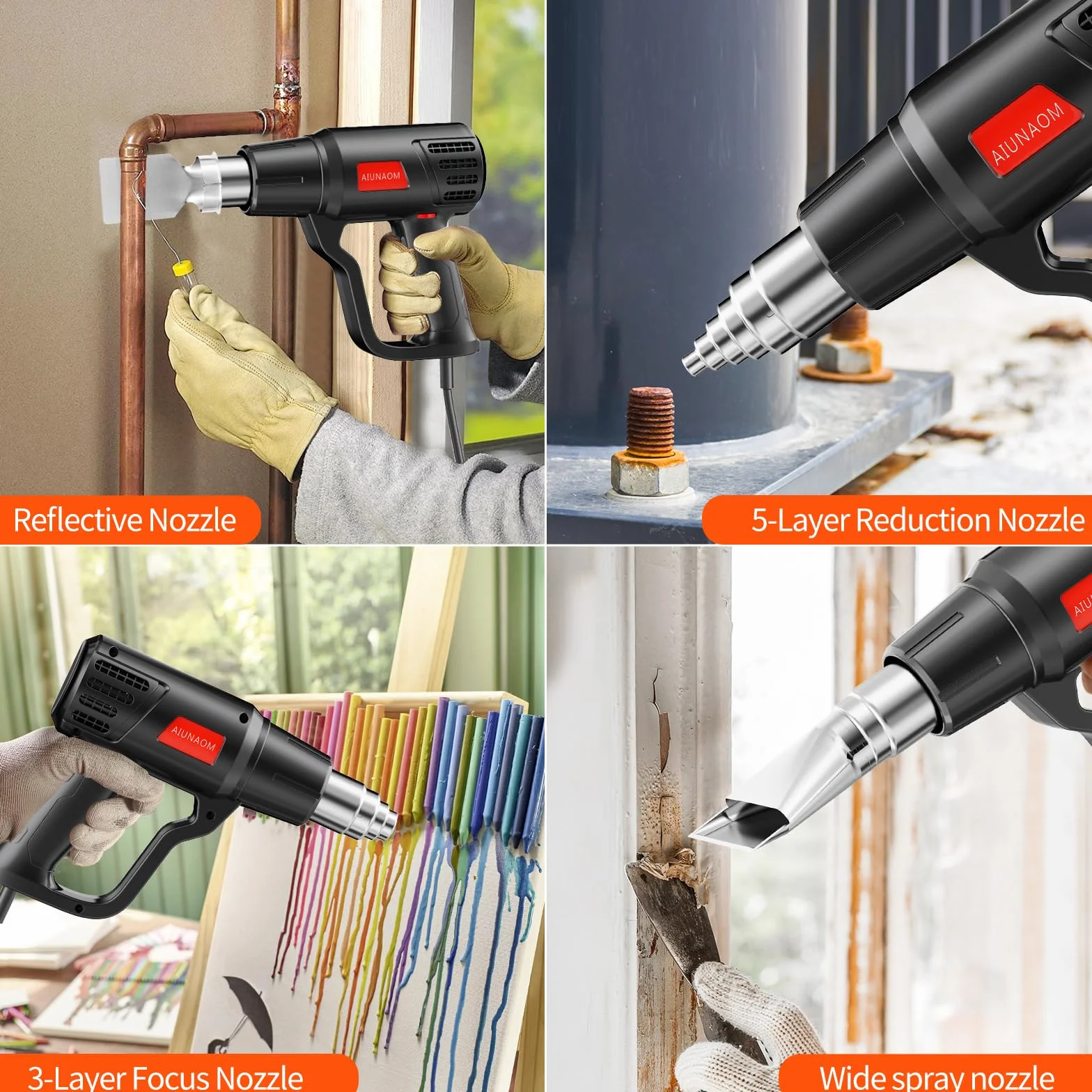 AIUNAOM Pistolet na gorące powietrze 2000W, 50℃-650℃, z bezstopniową regulacją temperatury i 2 ustawieniami przepływu powietrza. Idealny do ogrzewania, odmrażania i spawania
