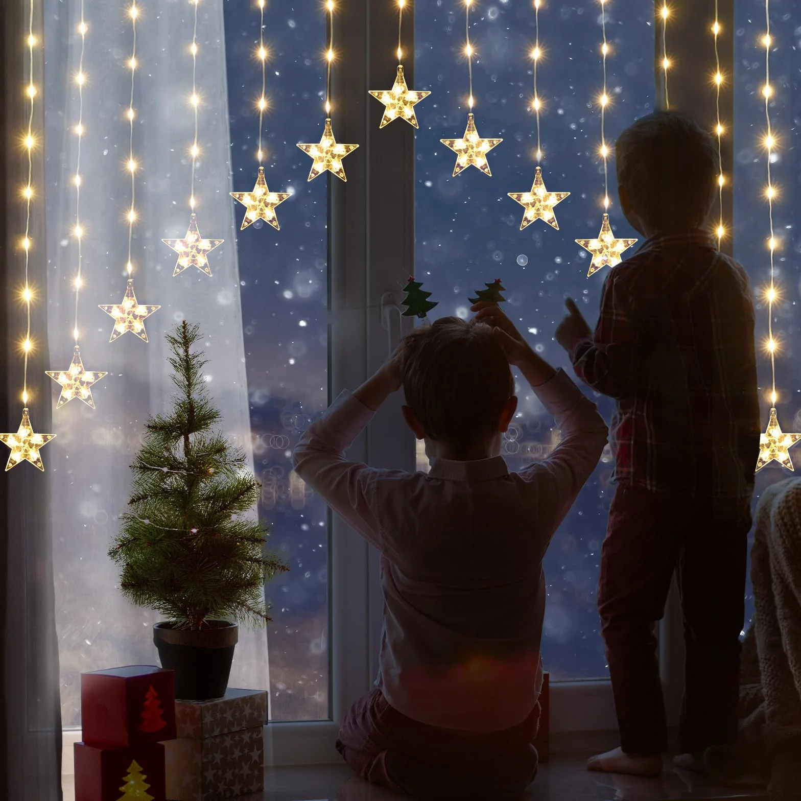SALCAR Kurtyna świetlna LED, 3 m, 222 diody LED z 16 gwiazdami, łańcuch świetlny LED, dekoracja okienna, gwiazda z timerem, oświetlenie bożonarodzeniowe na Boże Narodzenie, balkon, imprezę, wesele –