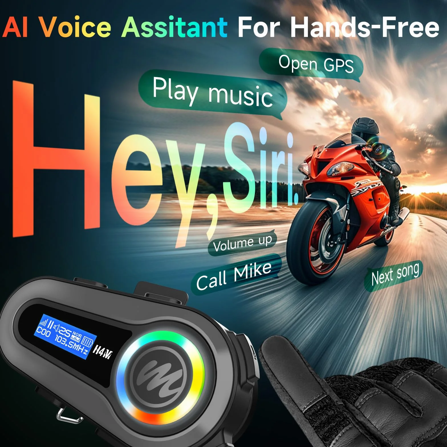 Moman Zestaw słuchawkowy do kasku motocyklowego H4M z ekranem LCD 6 EQ Bezprzewodowe 5.3 HiFi Stereo Radio FM AI Voice