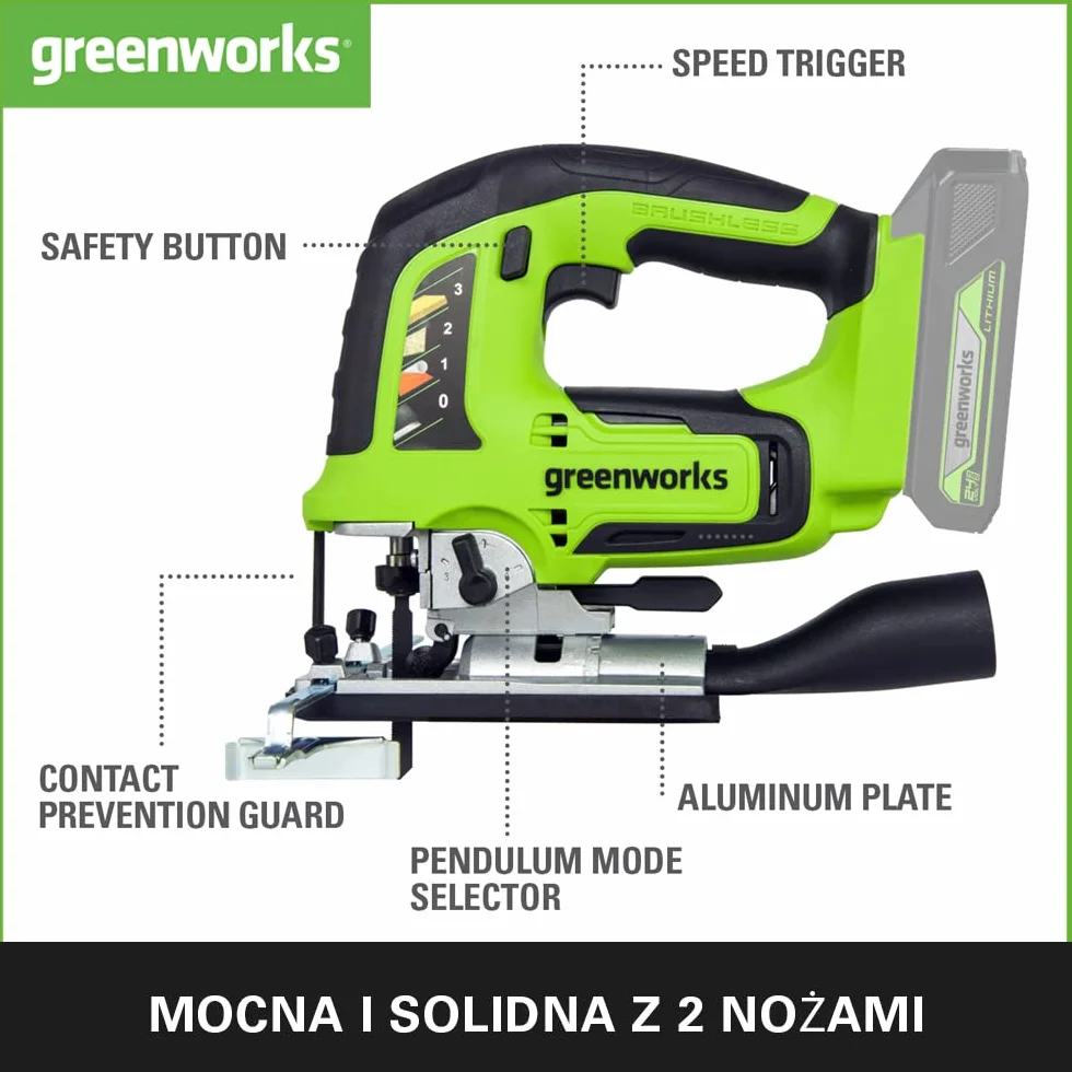 Greenworks GD24JSK2 Wyrzynarka Akumulatorowa z 2 Ostrzami, 3000 obr./min, Regulowana Podstawa do 45°, Przystawka Próżniowa PLUS 24V 2 Ah Bateria i Ładowarka