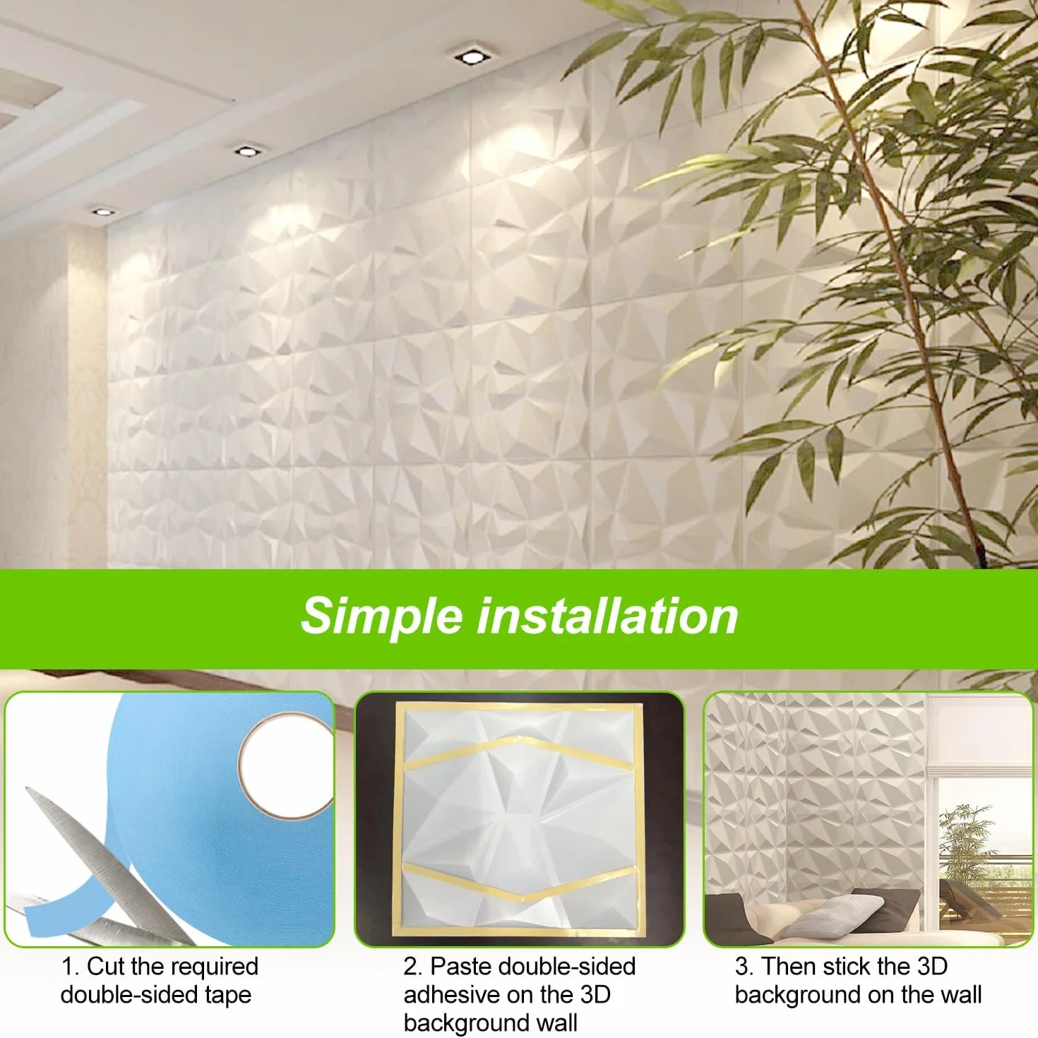 20 paneli ściennych 3D, 30 × 30 cm, do pokoju gier, sufit, efekt diamentu 3D, panele PVC do dekoracji wnętrz i na zewnątrz, matowa biel, nieodkształcalne, wodoodporne, odporne na ciepło, bezwonne