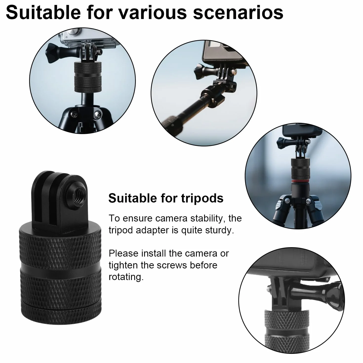 Adapter do Mocowania Statywu Kamery Sportowej, Aluminiowy Uchwyt Kamery 1/4 Cala 20 z Obrotem 360 Stopni Kompatybilny z Kamerami Hero 13/12/11/10/9/8/7 DJI Action 6/5 Pro/4/3