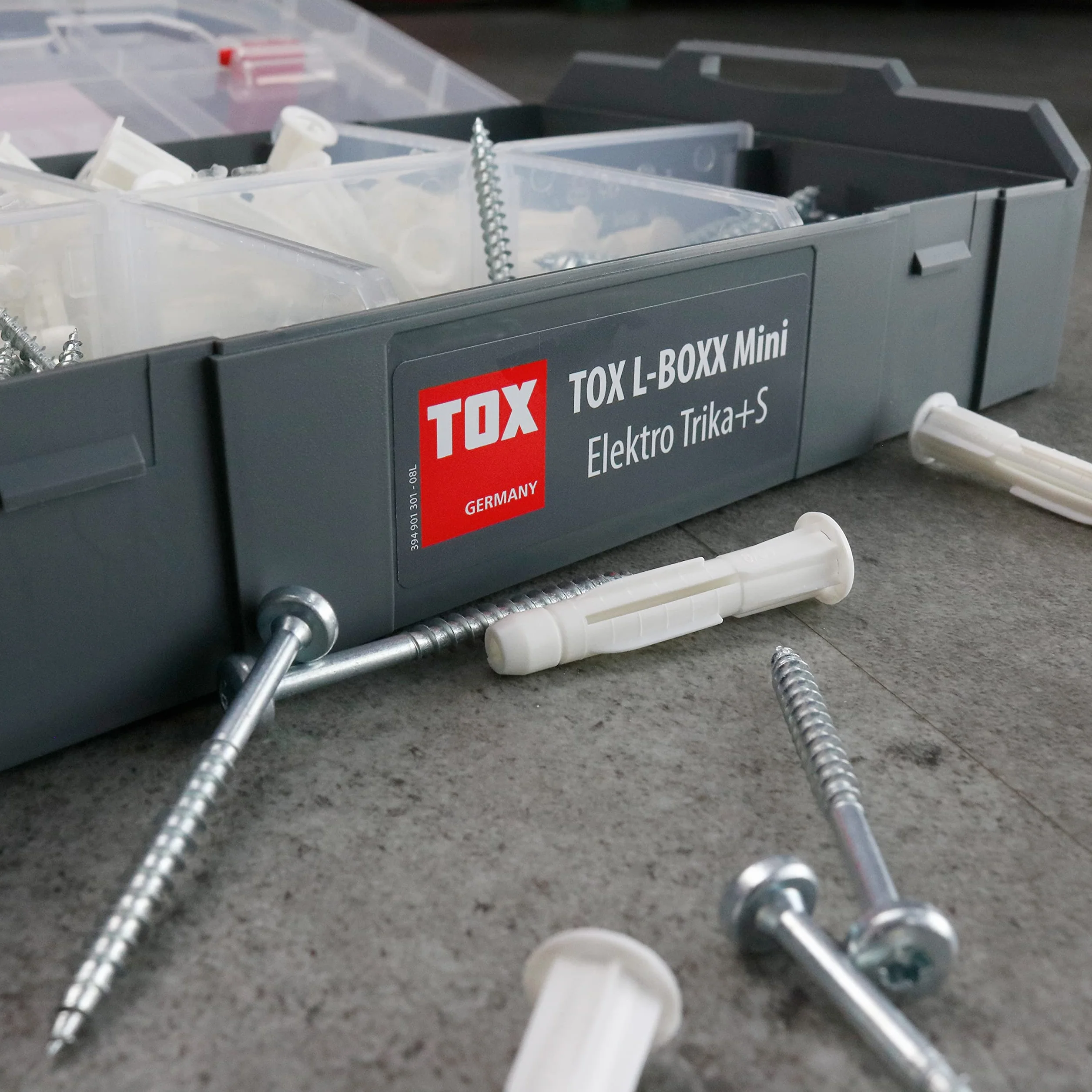 TOX L-BOXX Mini - Electro Trika + S, kompaktowe, efektywne pudełko na kołki rozporowe, podzielone na maksymalnie sześć przegródek, śruby i kołki do mocowania w prawie wszystkich materiałach