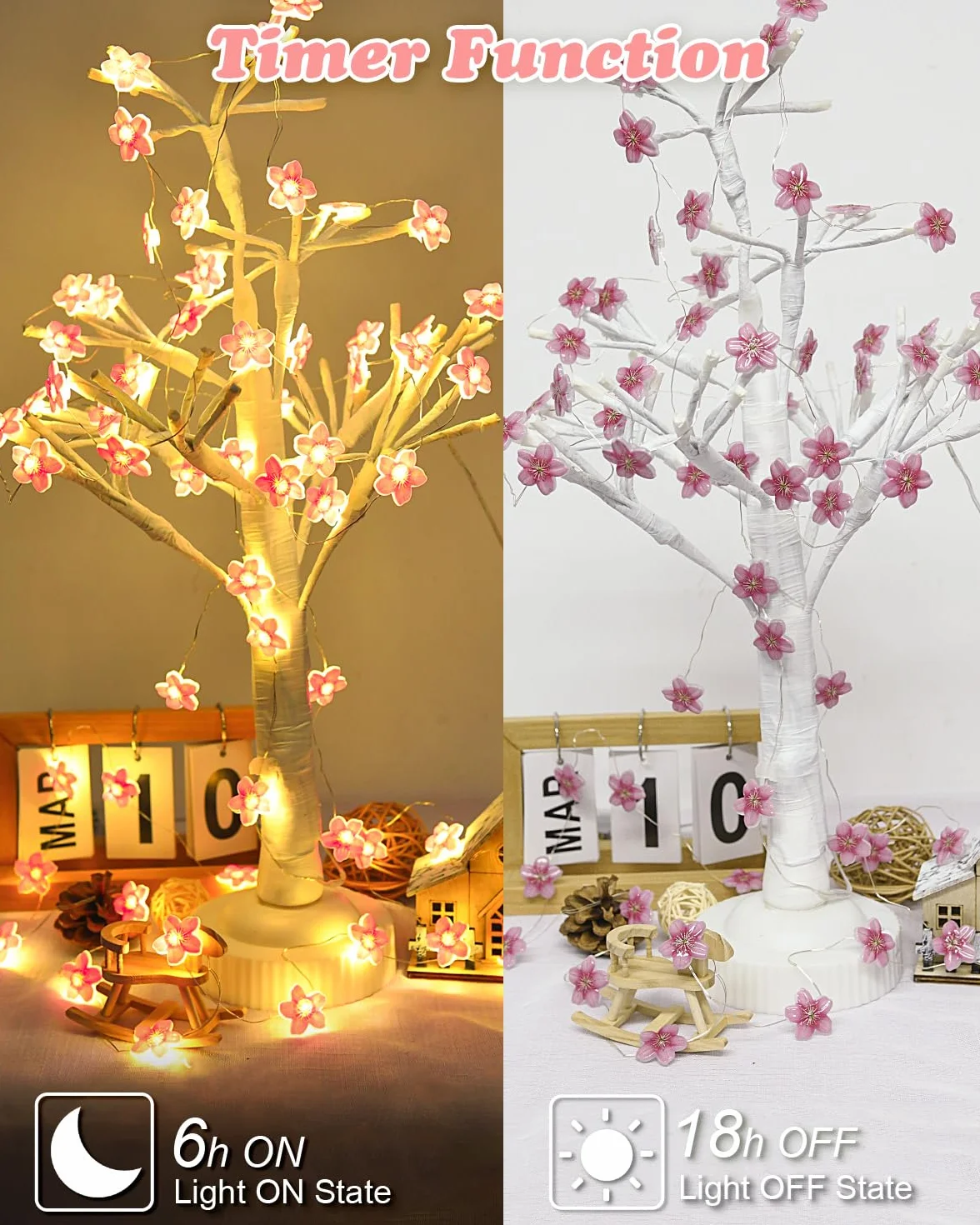 Dalugo łańcuch świetlny LED z kwiatostanami wiśni, 20 diod LED, 2 m, na baterie, z timerem, łańcuch świetlny w kształcie bukietu kwiatów na dekorację wiosenną, dekoracja z kwiatostanami wiśni, na