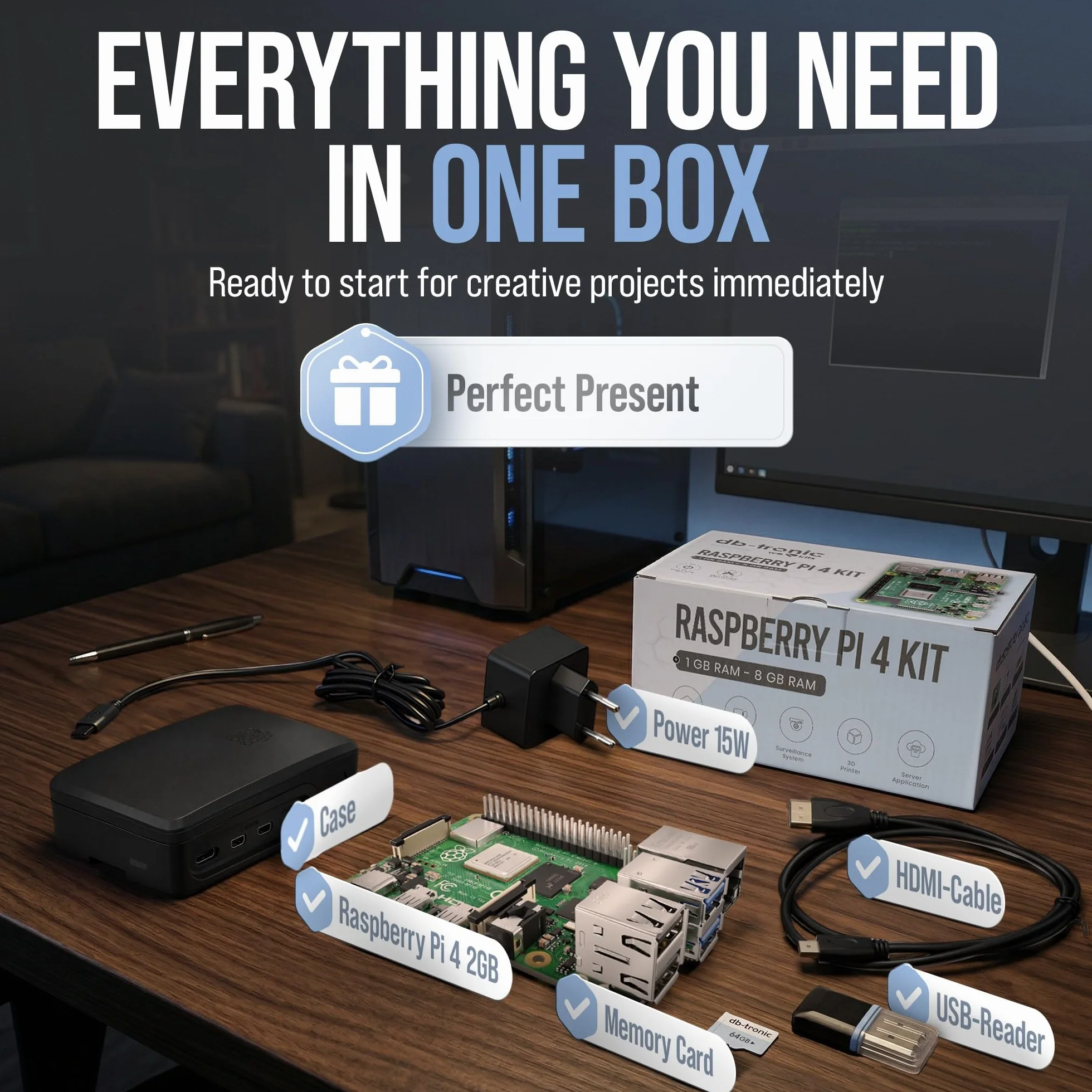 Raspberry Pi 4 2 GB Starter Kit Czarna edycja 64 GB Zasilacz 15 W Obudowa Micro HDMI 4K Radiatory