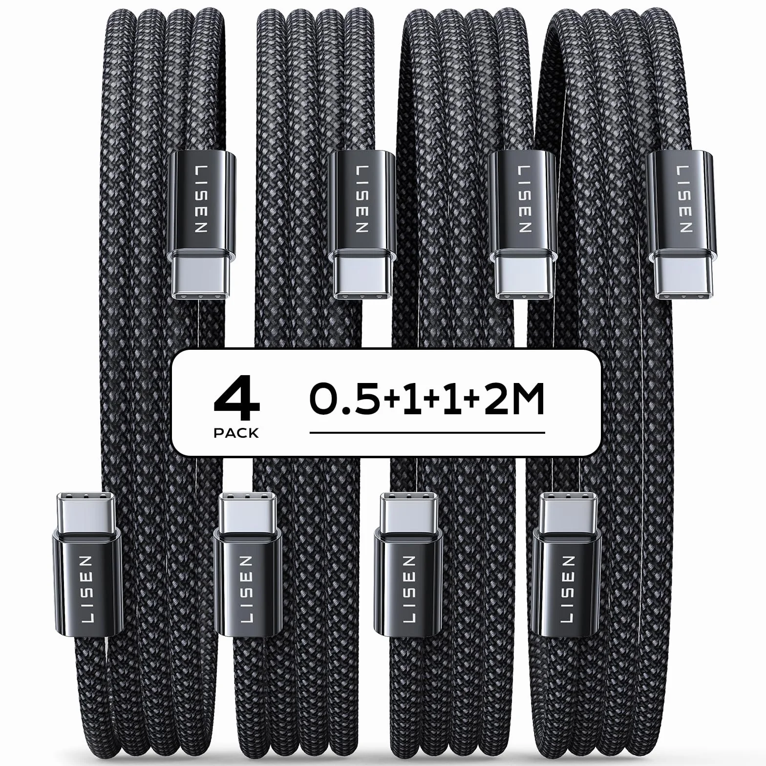 LISEN 60W Kabel USB C PD 3.0 do szybkiego ładowania nylon iPhone 16 Pro Max 15 14 13 Samsung Galaxy S24 S23 S22 iPad Pro Macbook Pixel 4 sztuki 0.5M+1M+1M+2M czarny