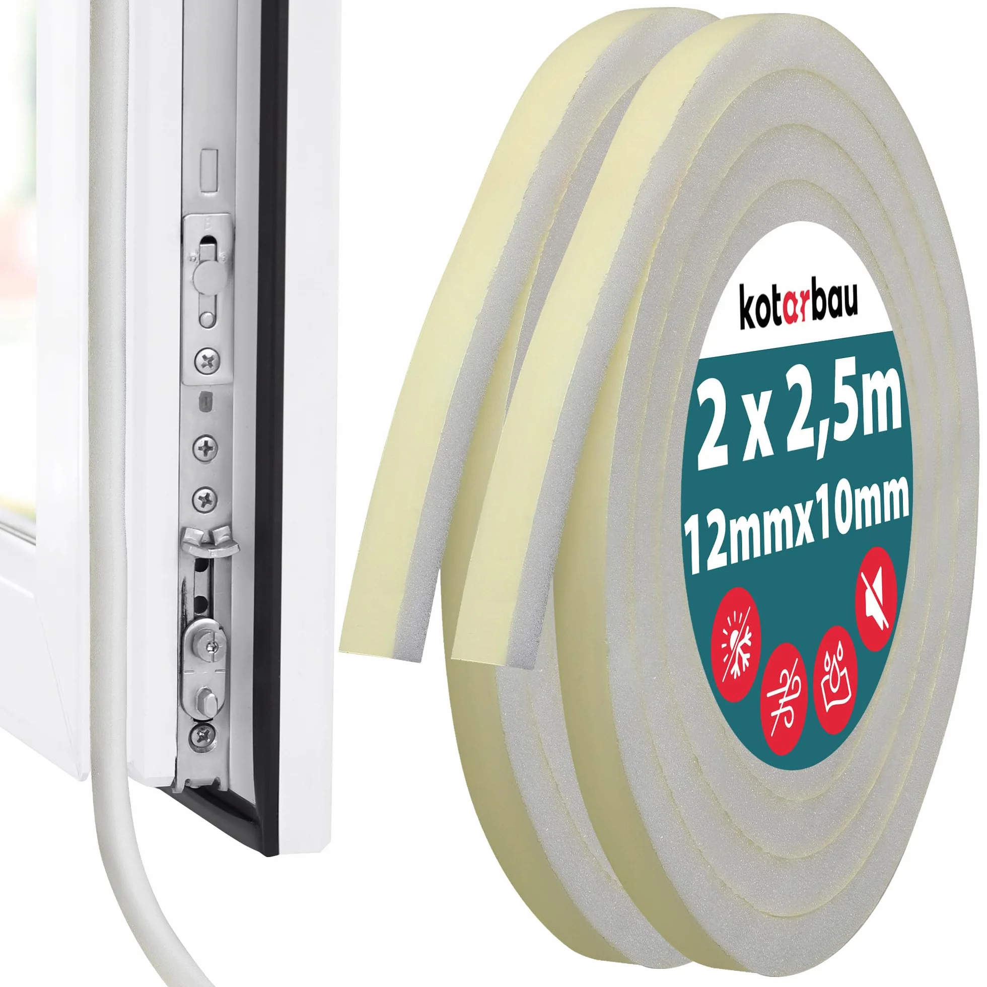 KOTARBAU® 2 szt. taśmy uszczelniającej piankowej 10x12 mm x 2,5 m grubości PU3 Taśma uszczelniająca do okien samoprzylepna Taśma uszczelniająca do drzwi samoprzylepna Uszczelka okienna s