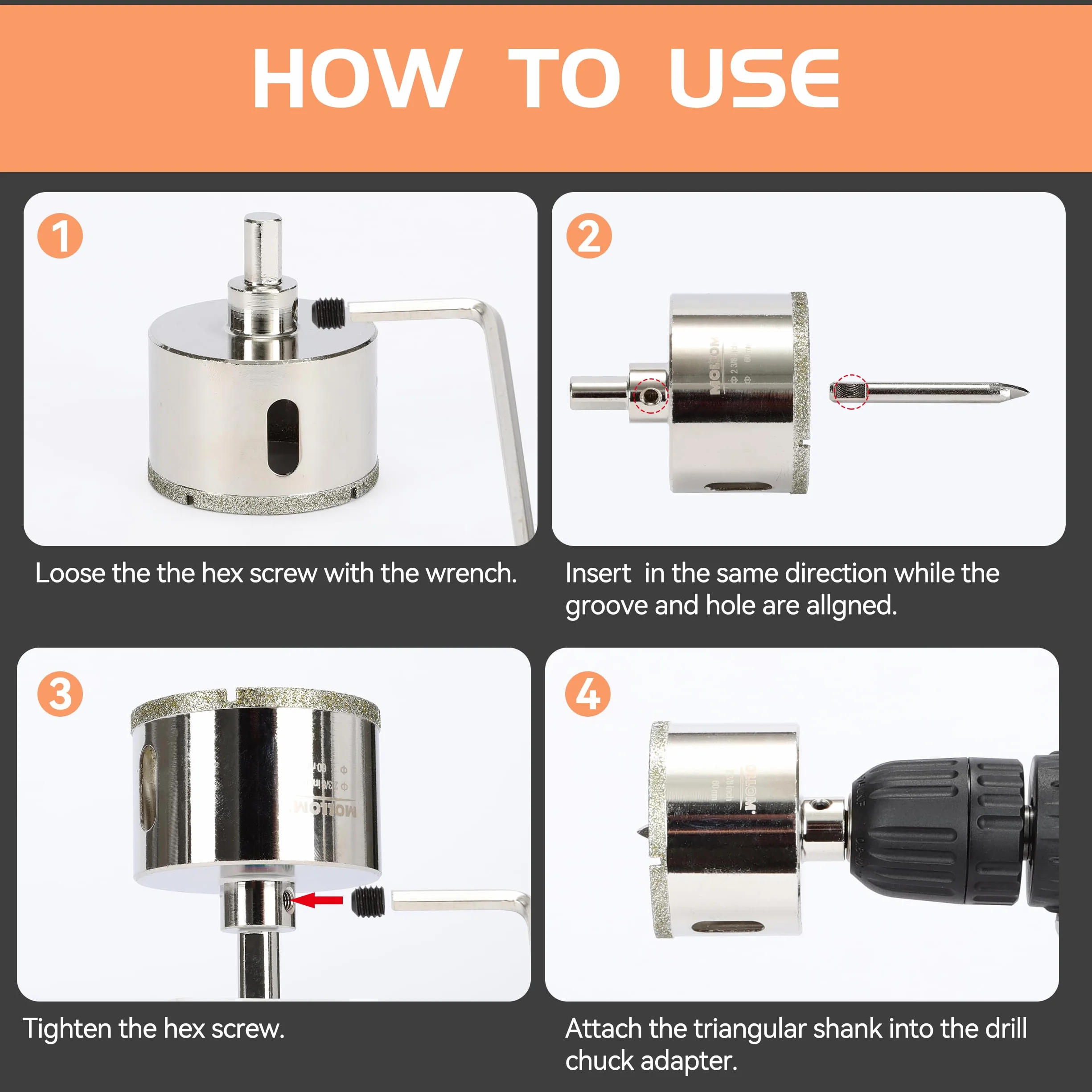 MOLLOM 4-5/16" (110mm) Piła diamentowa z 2 wymiennymi wiertłami prowadzącymi, do gładkiego cięcia płytek porcelanowych, szkła, ceramiki, marmuru, włókna szklanego i innych materiałów