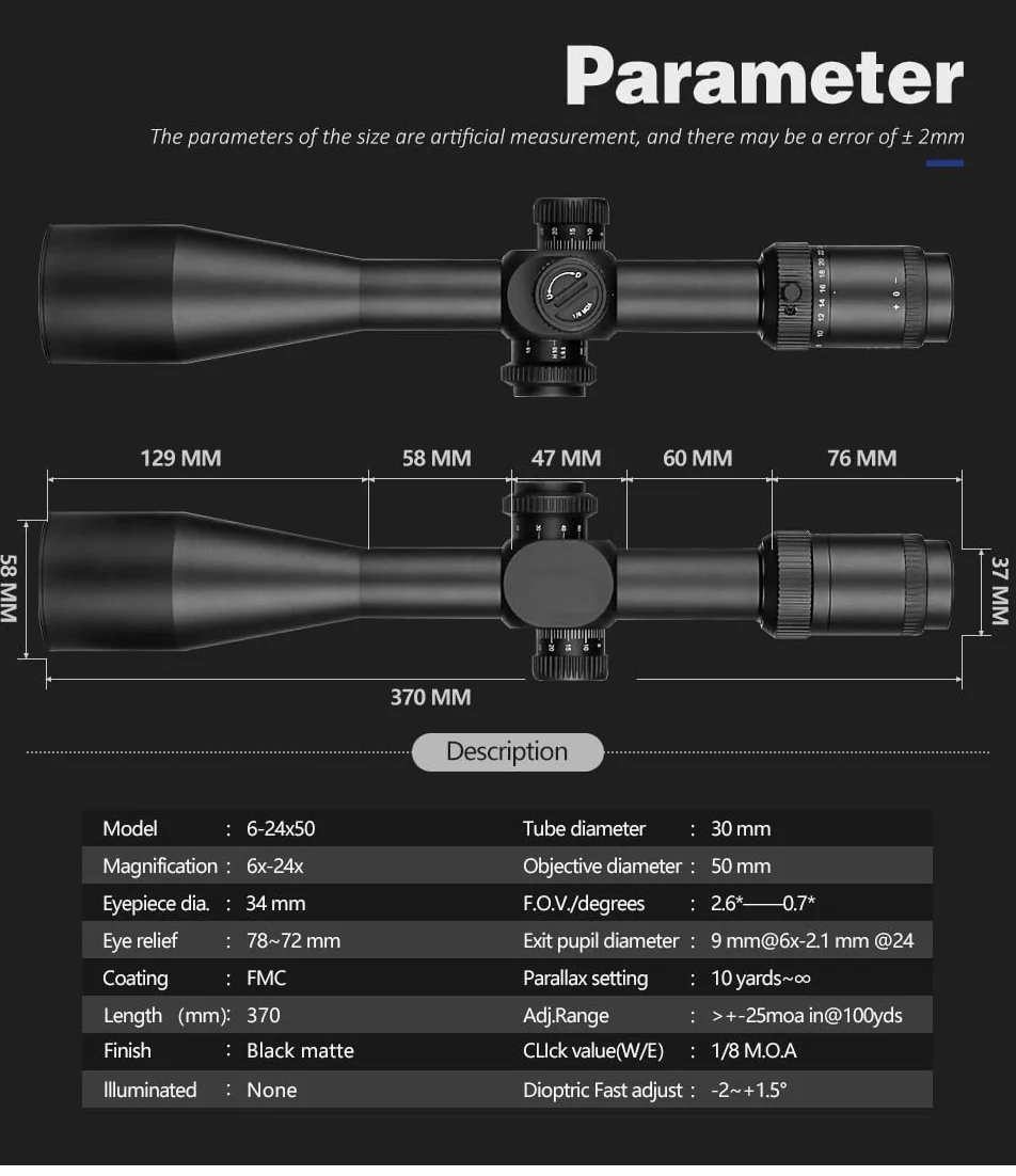 SPINA OPTICS 6-24X50 FFP Pierwszy Focus Plane Telescopic Sight Zakres karabiny MIL Dot Reticle