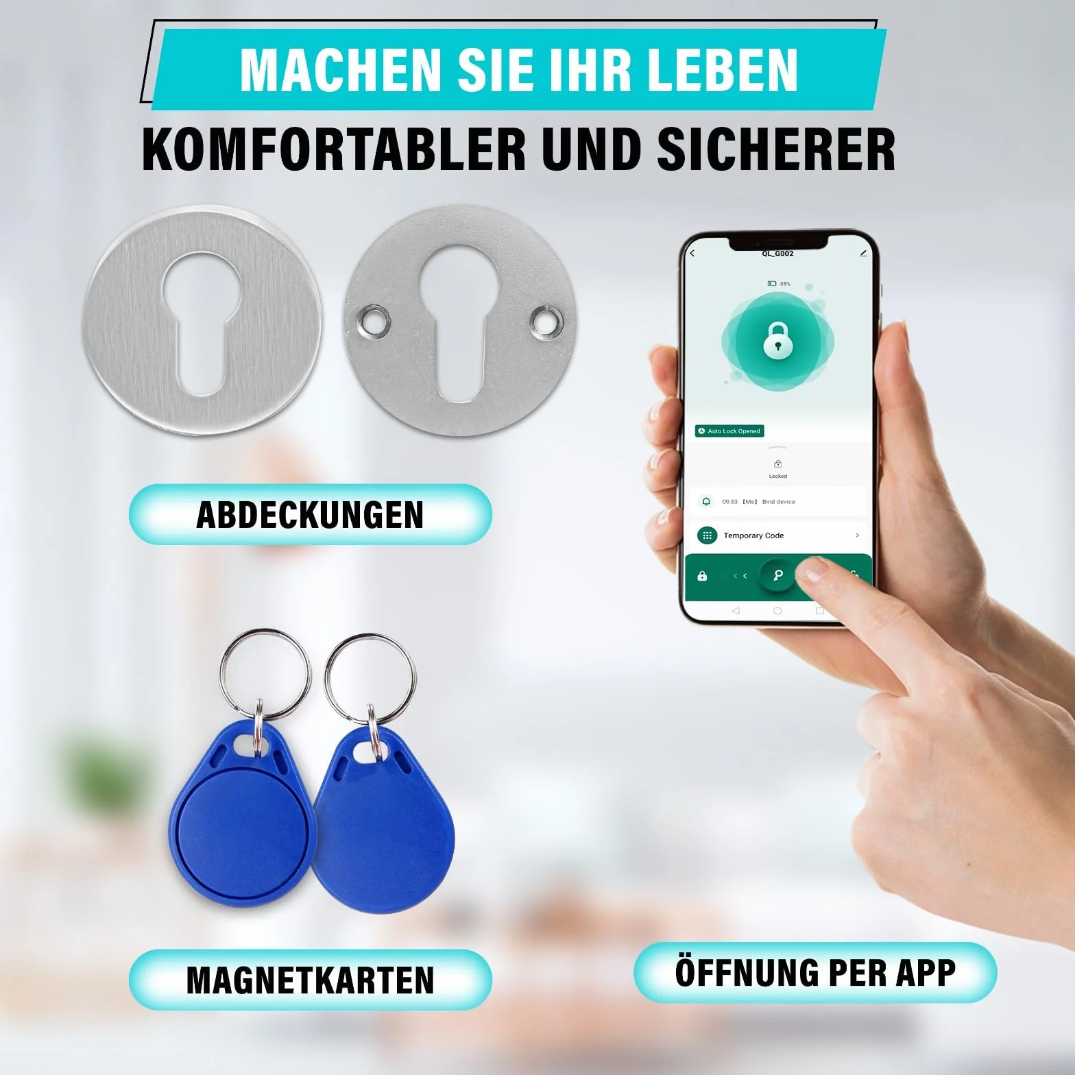 Zamek do drzwi z odciskiem palca, Smart Lock, elektroniczny zamek do drzwi wewnętrznych o grubości 35-55 mm, inteligentny zamek do drzwi, sterowany za pomocą aplikacji, z rozetą i 2 kartami