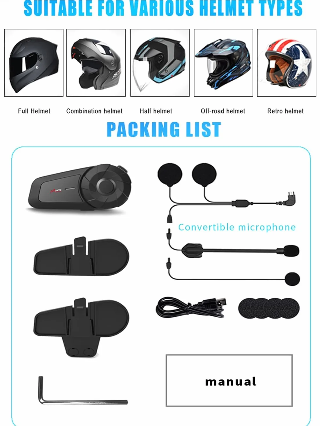Maxto Motocyklowy zestaw słuchawkowy Bluetooth,MX1 2 Riders, uniwersalne systemy komunikacji interkomowej,dźwięk stereo HiFi, wodoodporność IPX6,sterowanie muzyką, kask motocyklowy głośnik(2pack)