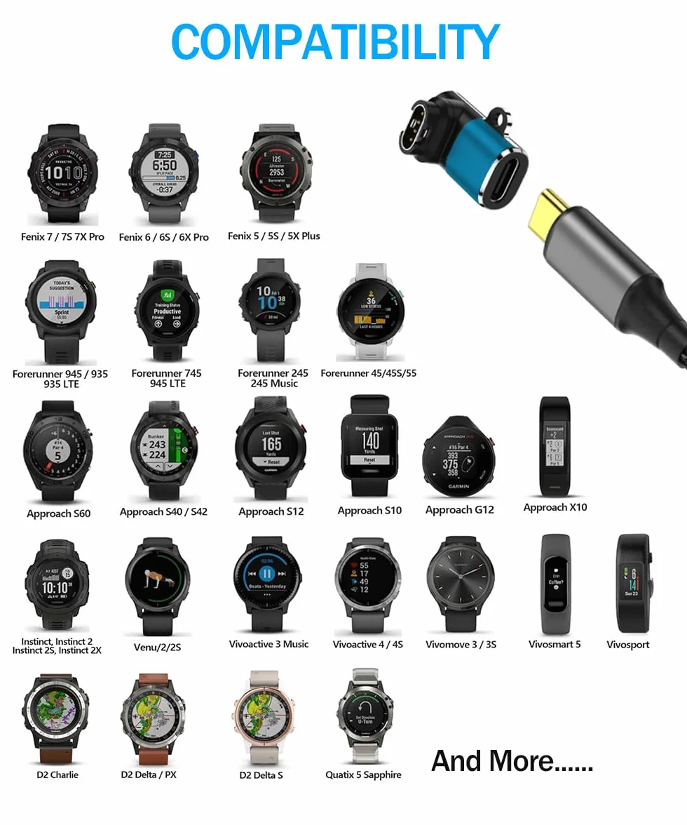 Adapter kabla ładowania USB C do Garmin Watch 4 Pack – Złącze danych do Garmin Fenix 8/7/6 Pro Solar, Vivoactive 6/5/4S, Venu 4/3/3S SQ, Forerunner 165/55/970/965/265/170/70, Instinct 3, Epix 2
