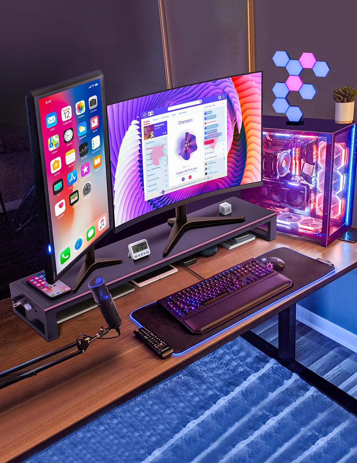 Vardeer Podwójny Stojak na Monitor Metalowy z Bezprzewodowym Ładowaniem i 4 Portami USB, Obsługa 32 Cale, Czarny