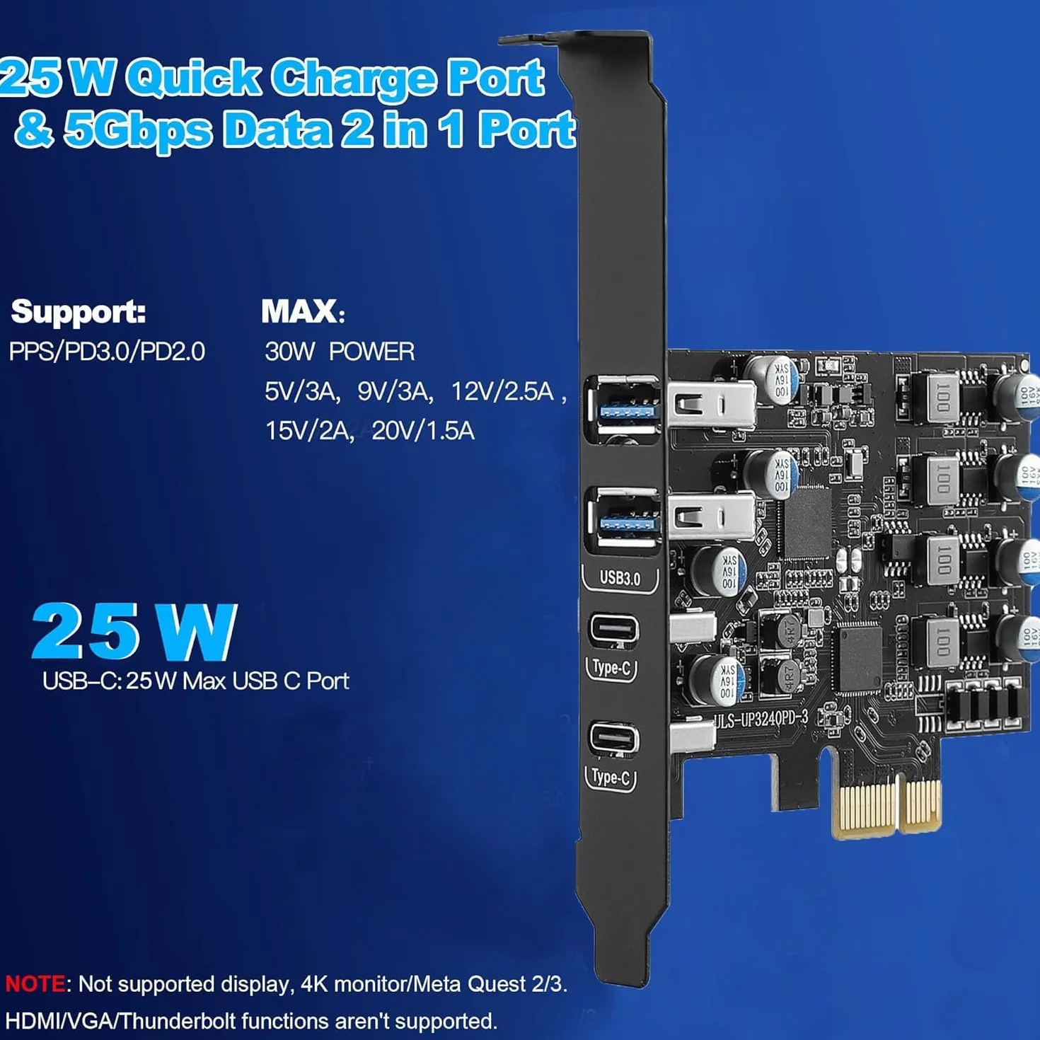 Karta PCIe USB z Power Delivery 25W, PCI Express na USB 3.0 4 porty (2x Type A + 2x Type C), szybkie ładowanie, Low Profile