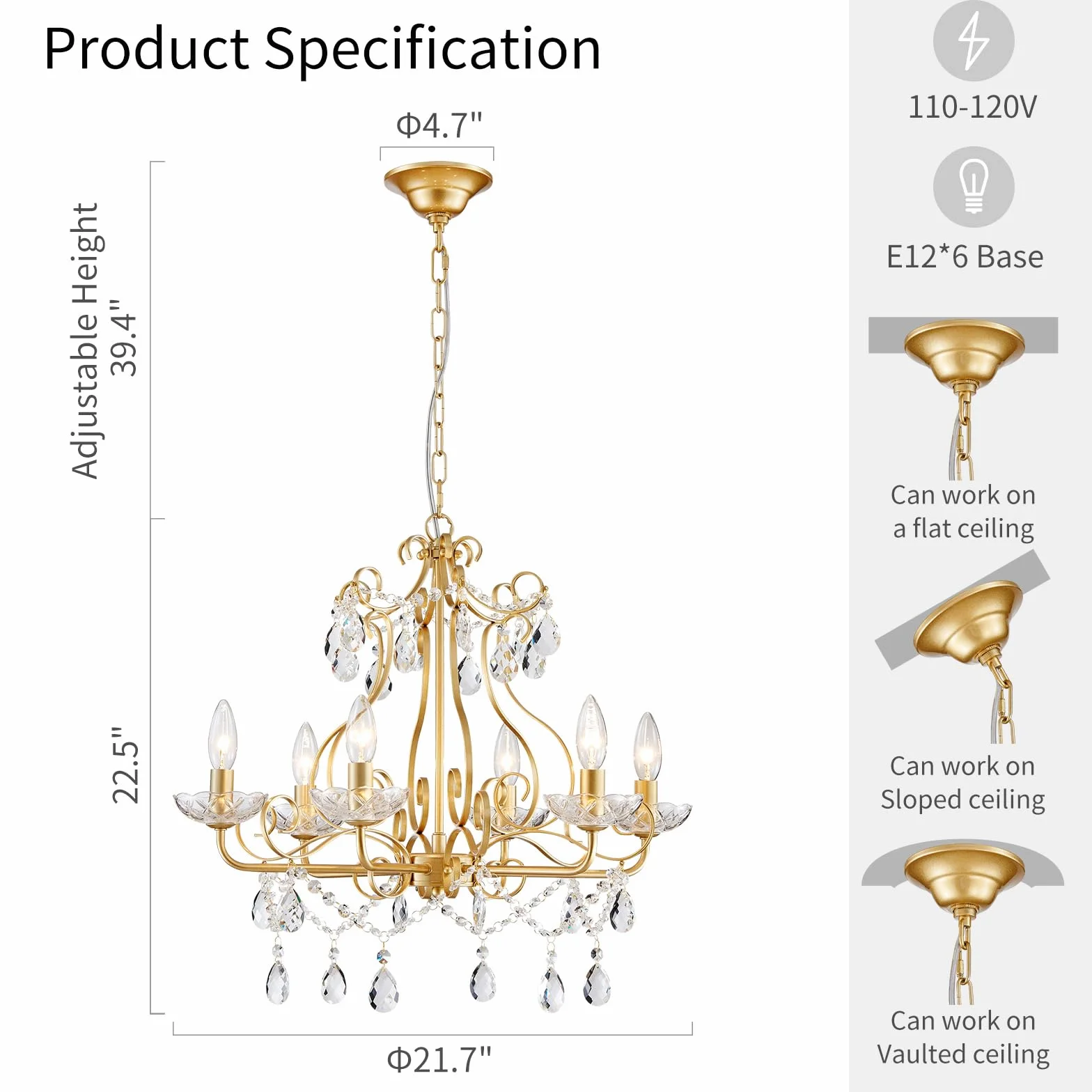 WUZUPS Kryształowy żyrandol świecowy lampa wisząca sufitowa nowoczesna oprawa oświetleniowa do sypialni, przedpokoju, baru, kuchni, łazienki, wys. 55 x szer. 57, złoty, podstawa E14