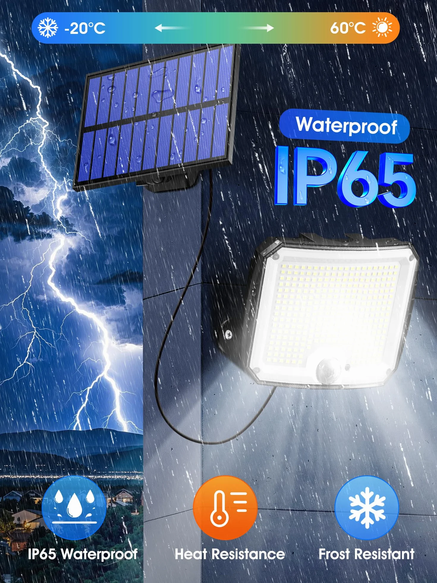 PIKOY Lampy solarne do użytku na zewnątrz z czujnikiem ruchu, 318 diod LED, 1500 lm, reflektor solarny do użytku na zewnątrz, 3 tryby pracy, 2200 mAh, wodoszczelność IP65