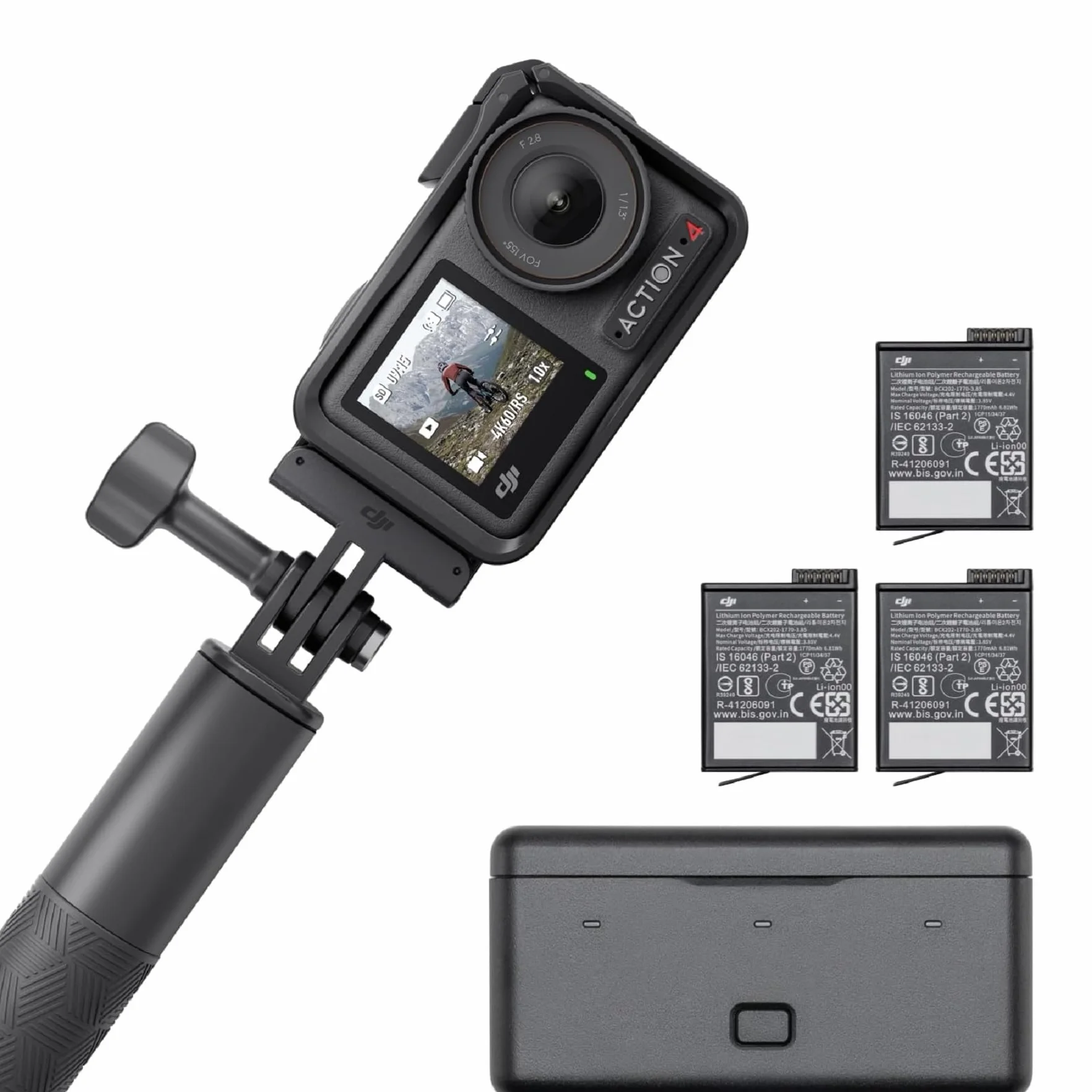 DJI Osmo Action 4 Adventure Combo - wodoodporna kamera 4K/120 fps z czujnikiem 1/1,3 cala, ultraszerokim, 155º FOV, do 7,5 godz. z 3 dodatkowymi akumulatorami do vlogowania