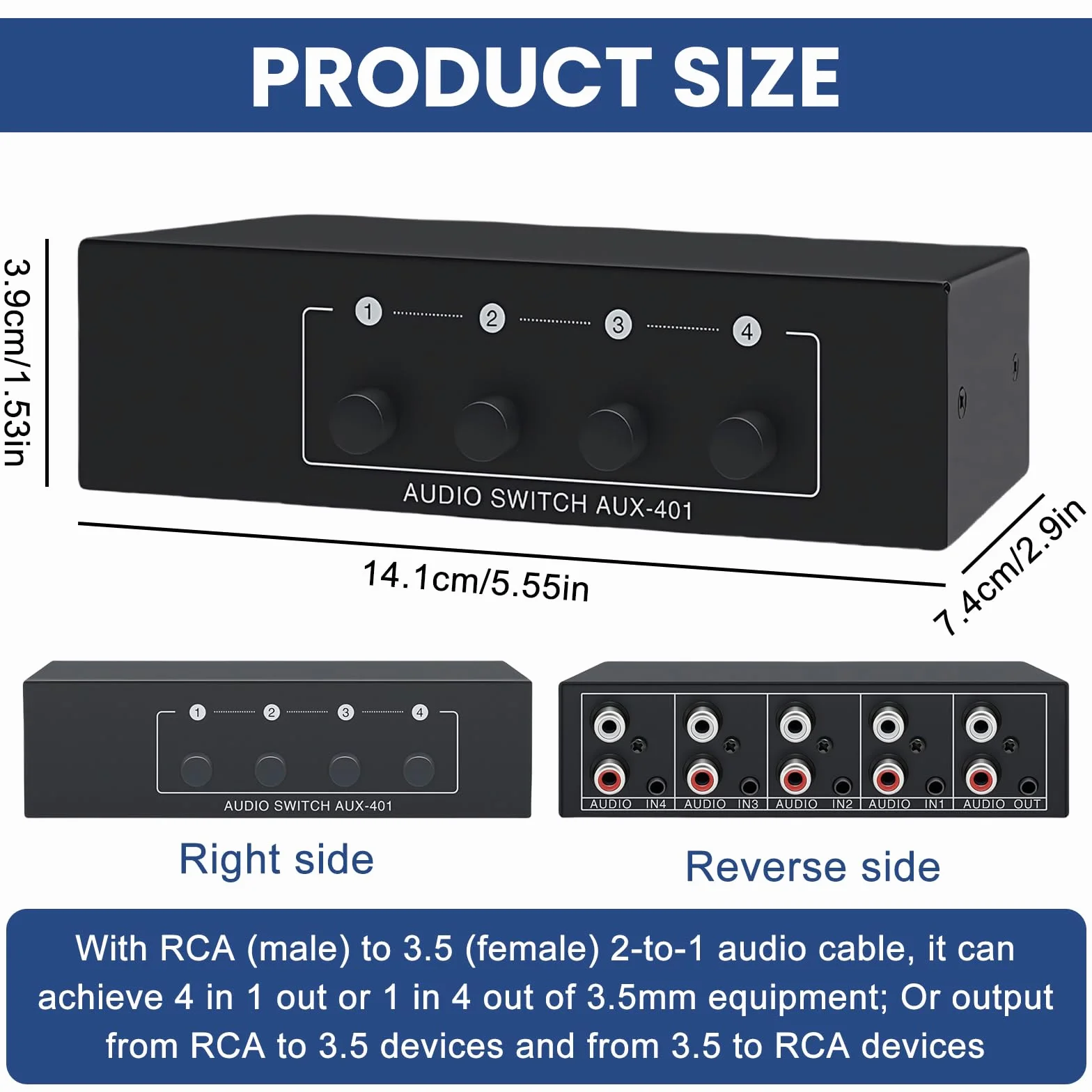 Sporgo RCA 3,5 mm Port 4 w 1 AUX Audio Switcher Przełącznik Pasywny Selektor Stereo