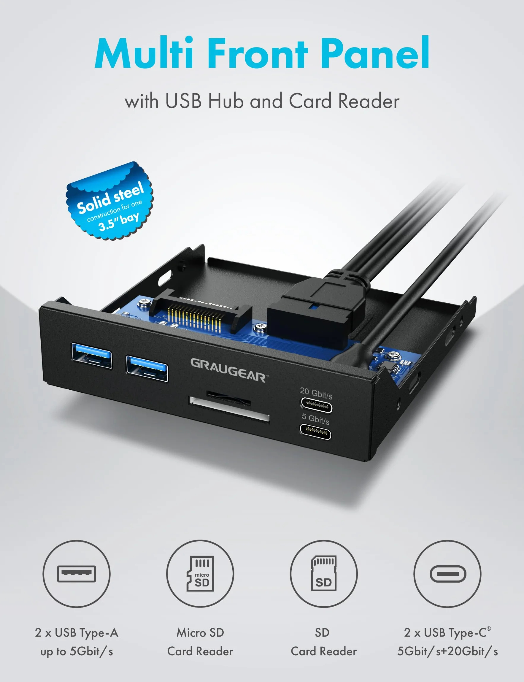 GRAUGEAR 6 interfejsów panel przedni o przekątnej 3,5 cala, USB3.2 Gen2 x 2 typ C do 20 Gbit/s, 2 x USB-A+USB-C, czytnik kart SD+microSD, Key-A 20-pin i 19-pinowy nagłówek, metal