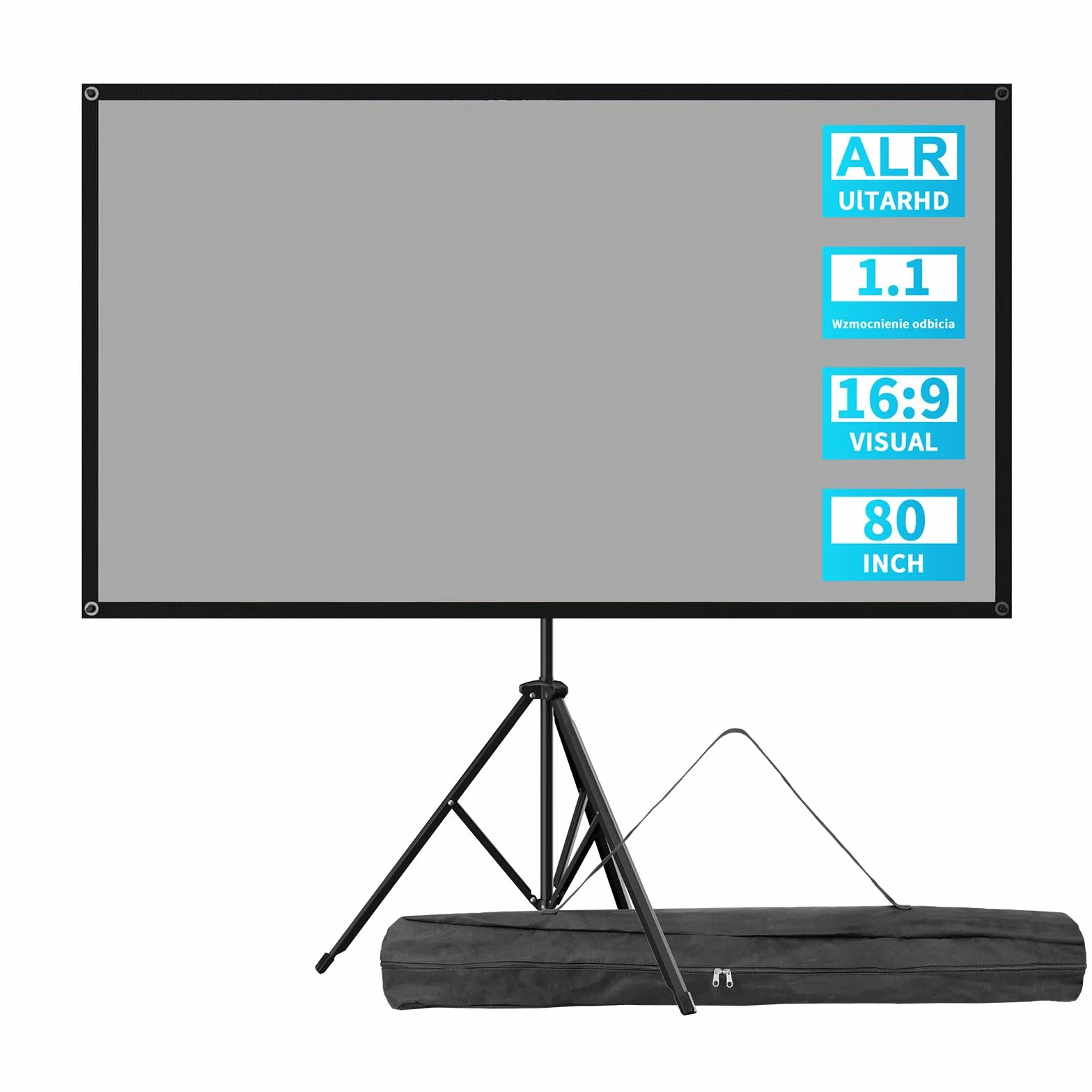VISULAPEX ALR Ekran Projekcyjny 177x100cm (80") Format 16:9, Kino Domowe HD 4K 3D, Rzutnik Ekran Projekcyjny Ze Statywem, ekran PCV i z włókna szklanego, regulacja wysokości i łatwy montaż