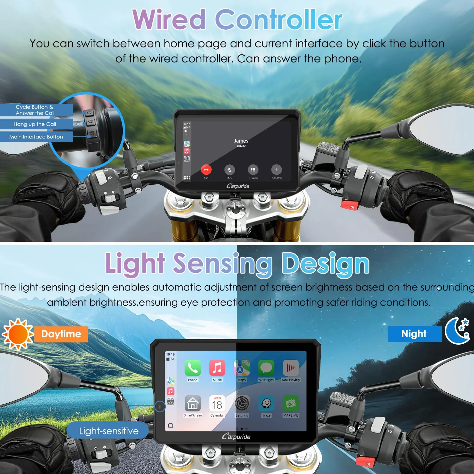 CARPURIDE W702S Pro Moto Carplay ekran 7" bezprzewodowy CarPlay Android Auto wodoodporny dotykowy podwójny Bluetooth