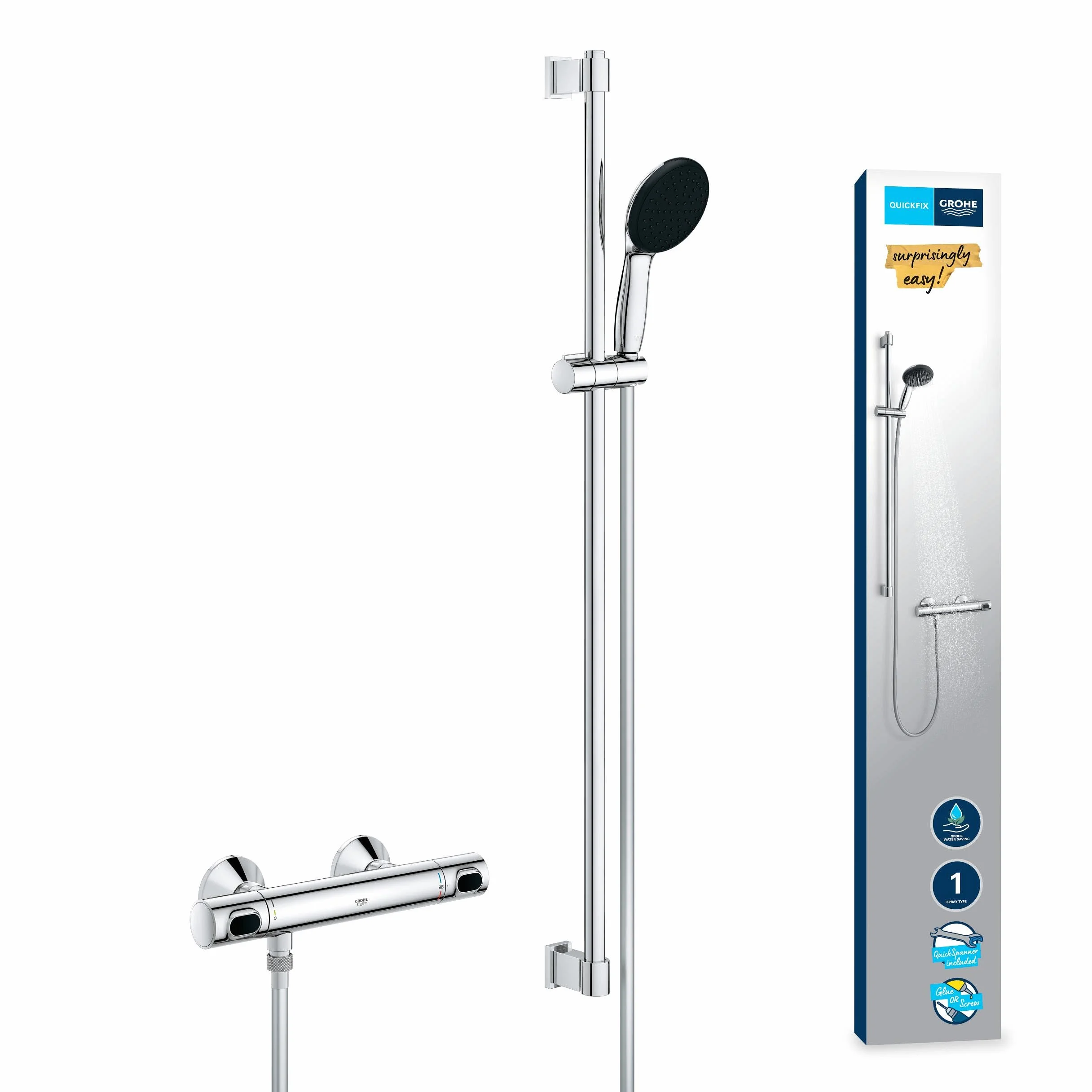 Grohe Precision Flow 34805001 zestaw prysznicowy z termostatem, oszczędność wody ~ 8 l/min (1 rodzaj strumienia, blokada bezpieczeństwa w temperaturze 38°C, drążek prysznicowy 90 cm, wraz z