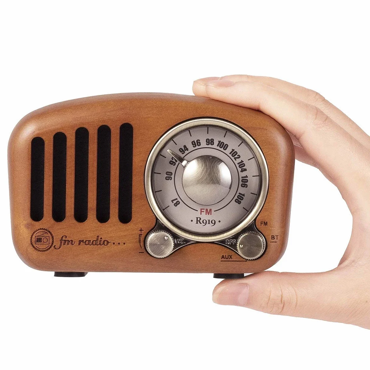 Małe przenośne radio, drewniane radios FM z głośnikiem Bluetooth w stylu retro, tranzystorowe radio z możliwością ładowania, z kartą SD MP3, obsługuje funkcję AUX, firmy PRUNUS J-919.