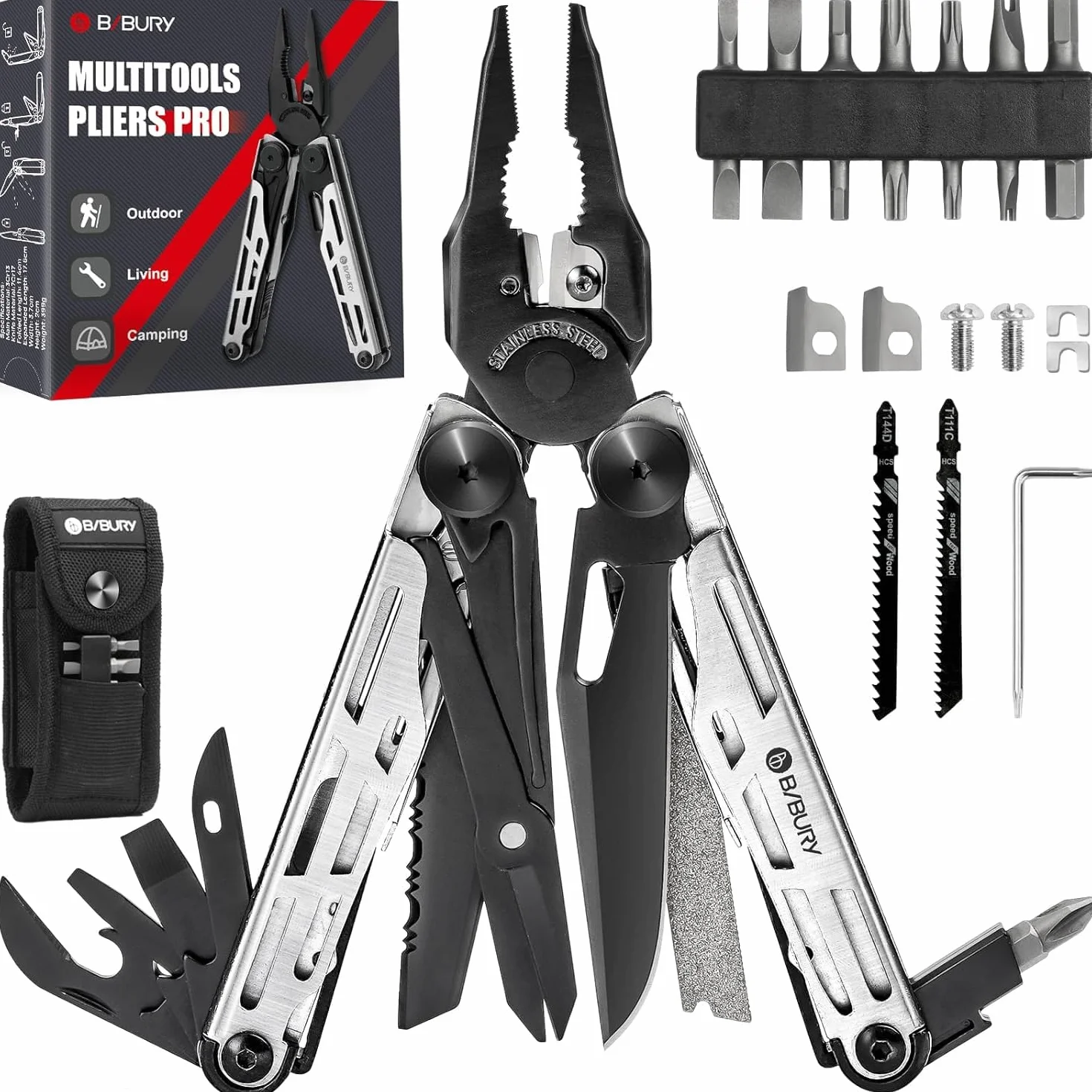 Geschenk für Männer, BIBURY Multitools, Outdoor Multi Tool Faltbare Zange mit Verbesserter Schere & Schraubendreher, Edelstahl Multitools mit Nylontasche, Weihnachtsgeschenke für Papa