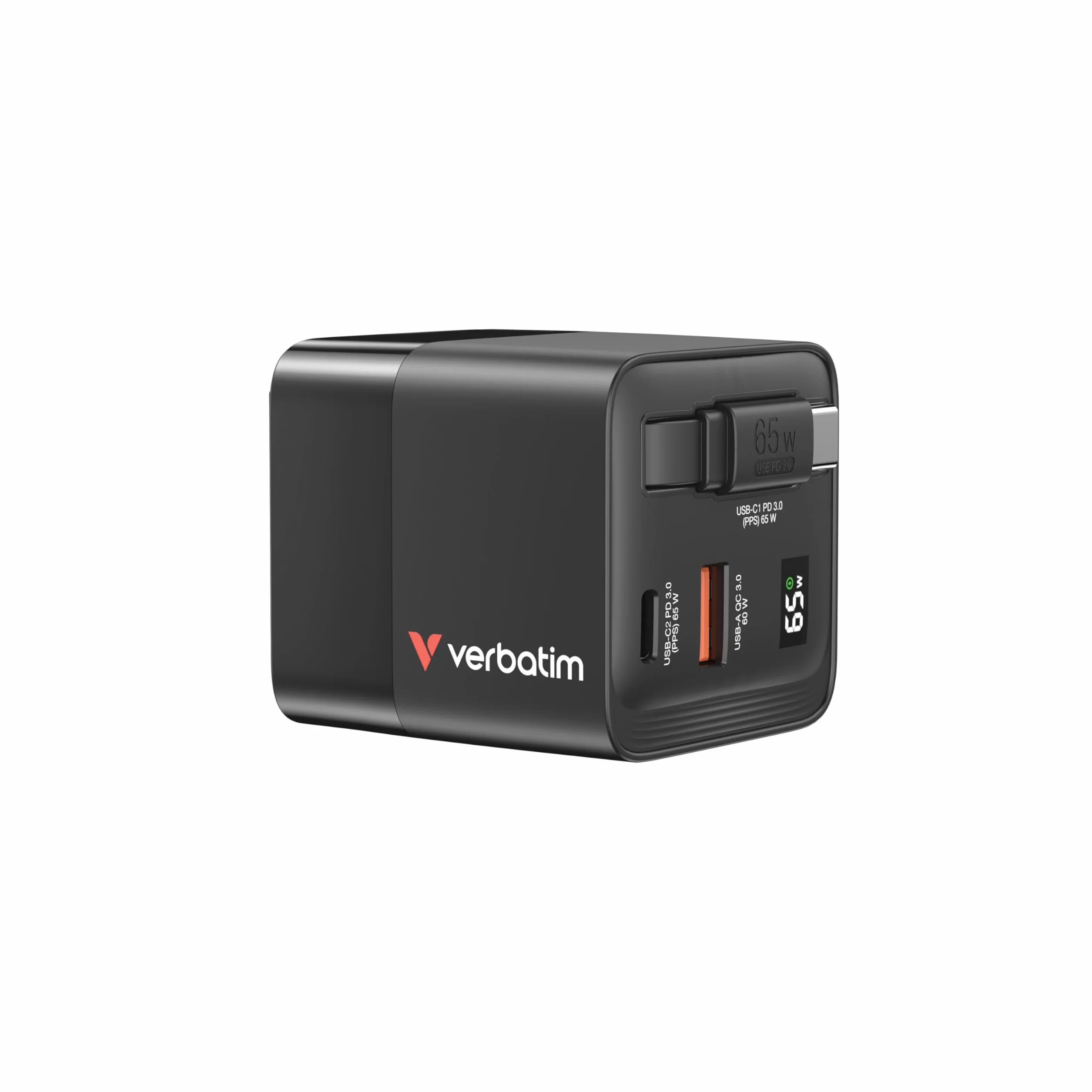 Verbatim GaN Charger 65 W Ładowarka USB-C 2-portowa z Wyciąganym Kablem USB-C i USB-A