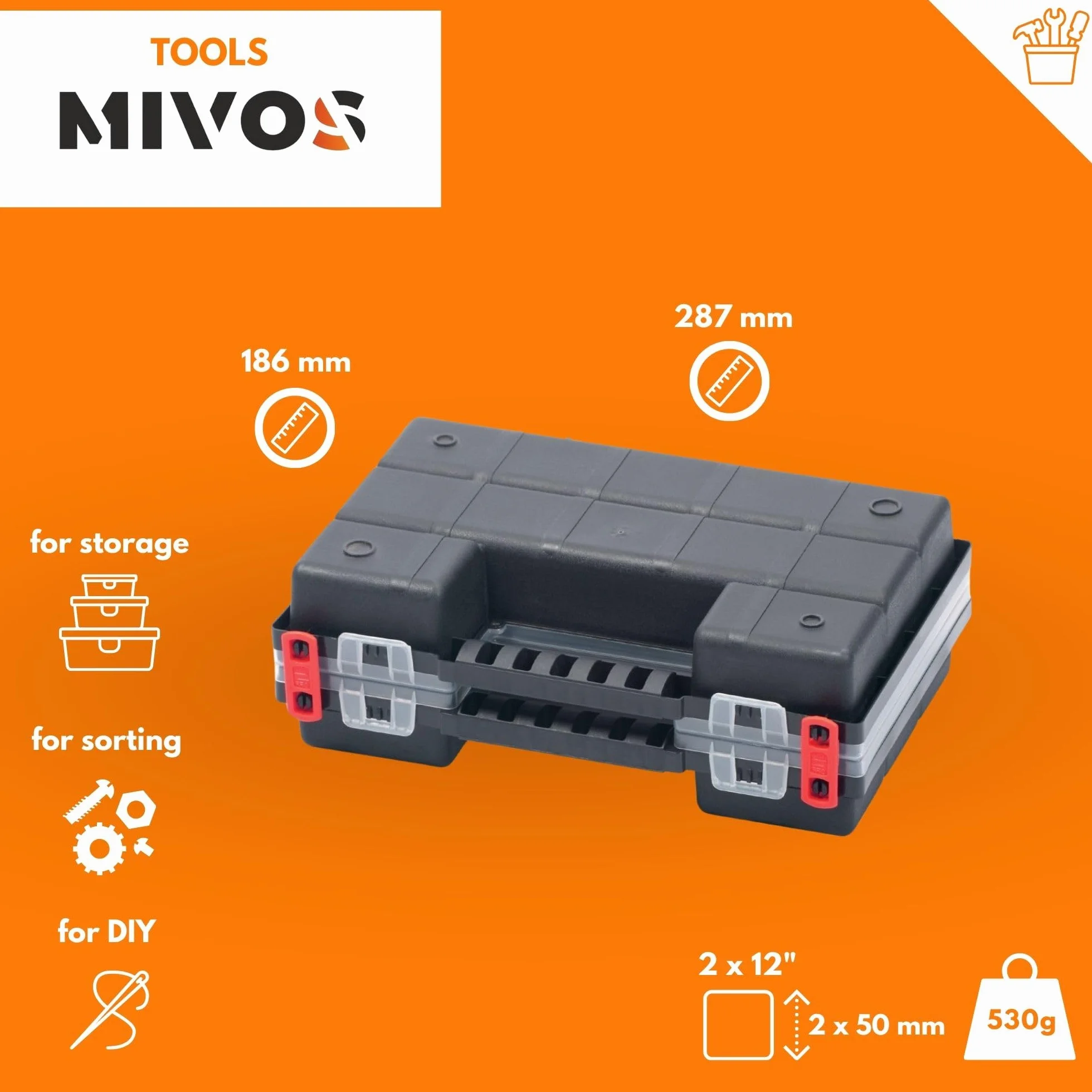 Mivos Dwustronna skrzynka asortymentowa 287x186x100mm - 2-stronna skrzynka do sortowania z 64 regulowanymi przegródkami – pudełko na śruby – Organizer na akcesoria