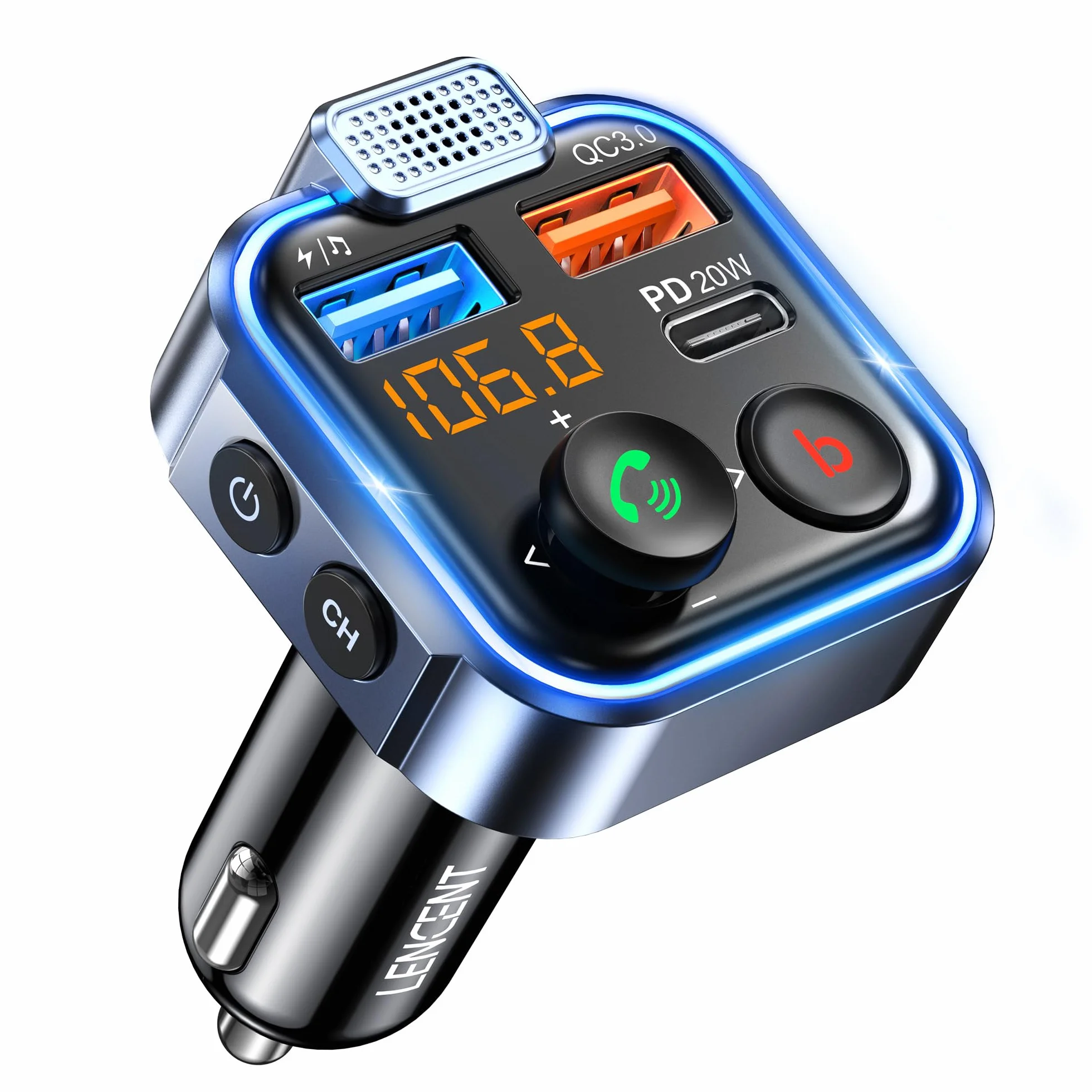 LENCENT Nadajnik FM Bluetooth V5.3, Transmiter FM Radio Samochodowe z głębokim basem Ładowarka Samochodowa z Zestawem głośnomówiącym i dwoma portami USB PD Type-C QC 3.0 USB z Niebieskim Oświetleniem