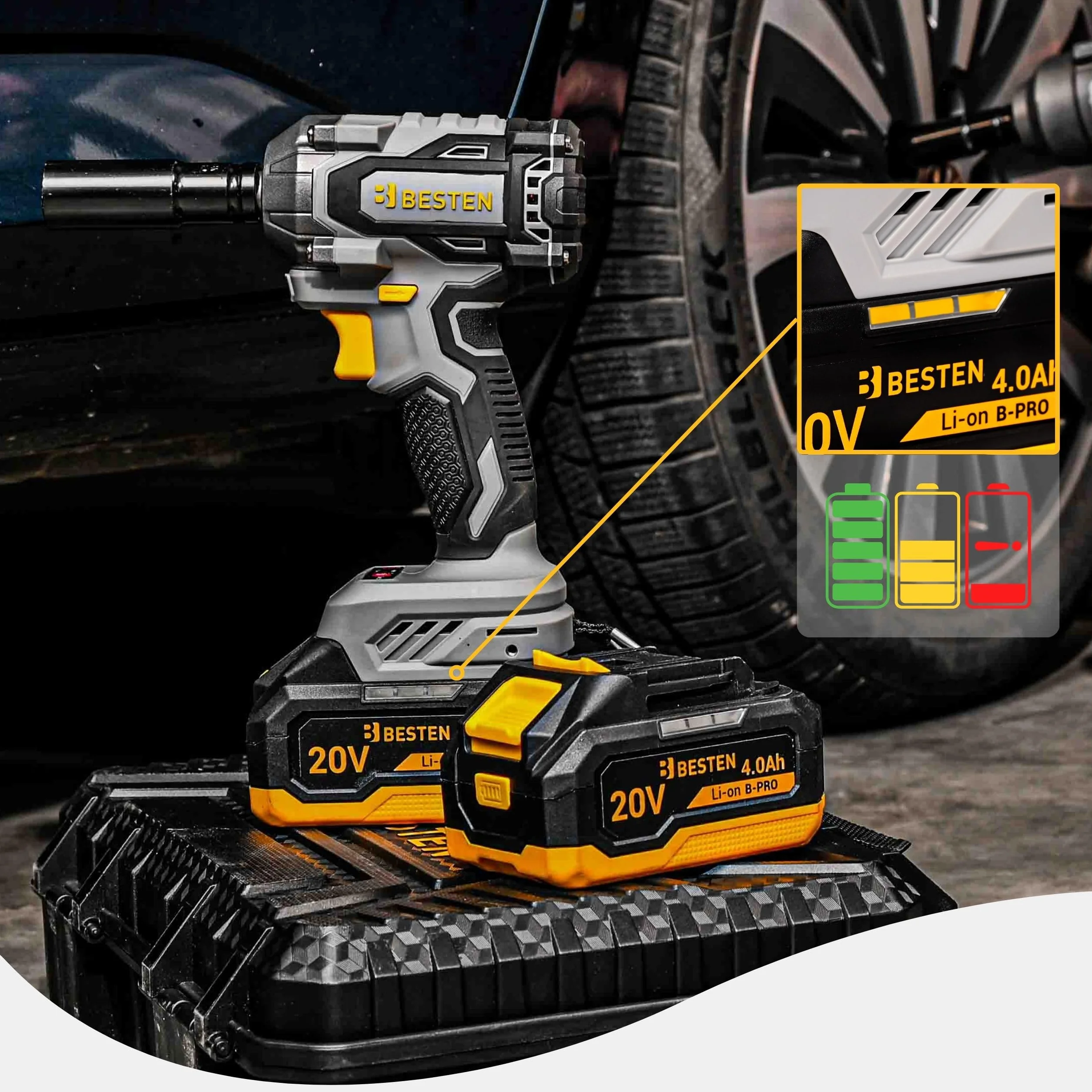 Klucz udarowy akumulatorowy BESTEN 450Nm • 20V BRUSHLESS • 1/2" trzpień • 3 biegi + Smart-Loosening • 2×4.0Ah B-PRO + szybka ładowarka • LED • walizka • BE0002891