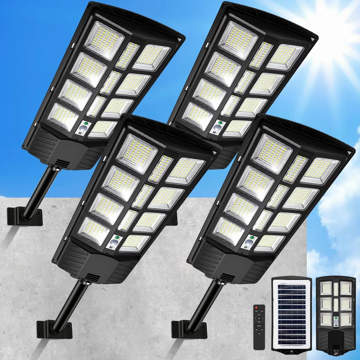 Zewnętrzne solarne światło uliczne, solarne światło uliczne LED 400 W, solarne lampy solarne do użytku na zewnątrz, 6500 K, lampa ścienna z czujnikiem ruchu, 4 sztuki