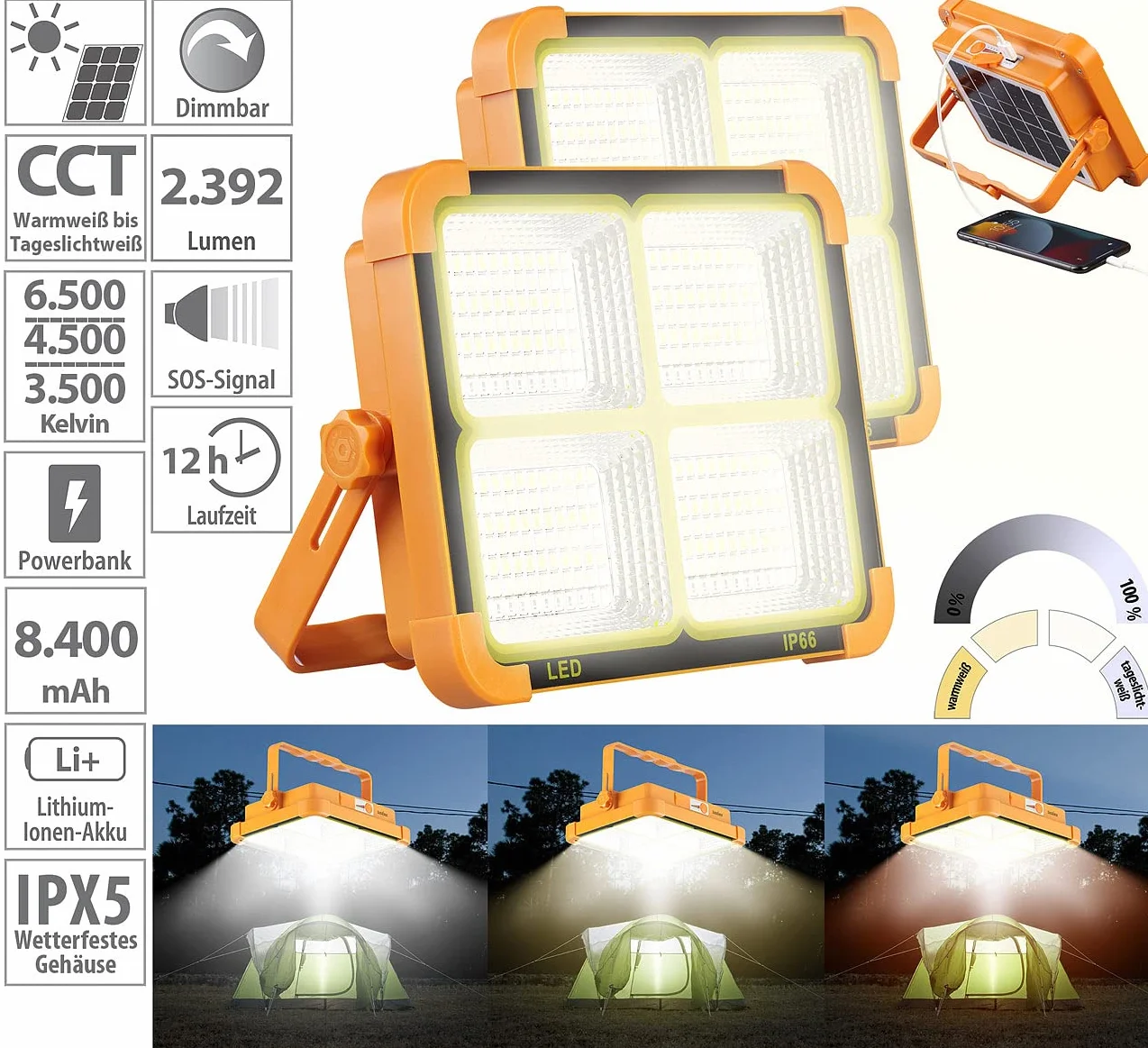 Luminea Reflektor budowlany LED, akumulator, 2392 lm, możliwość ściemniania, CCT (akumulatorowy reflektor budowlany USB)
