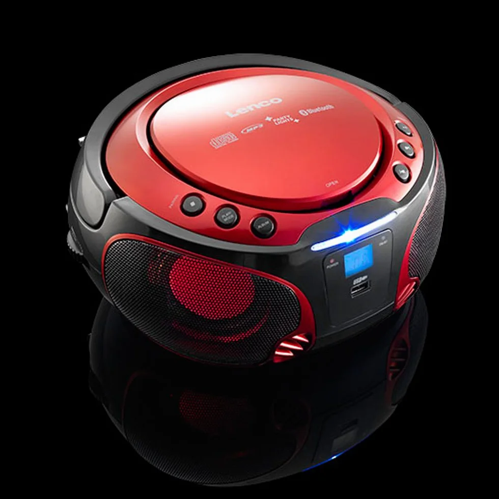 Lenco SCD-550 Boombox imprezowy z oświetleniem dyskotekowym, przenośny stereo, radio FM, CD, Bluetooth, USB, czerwony