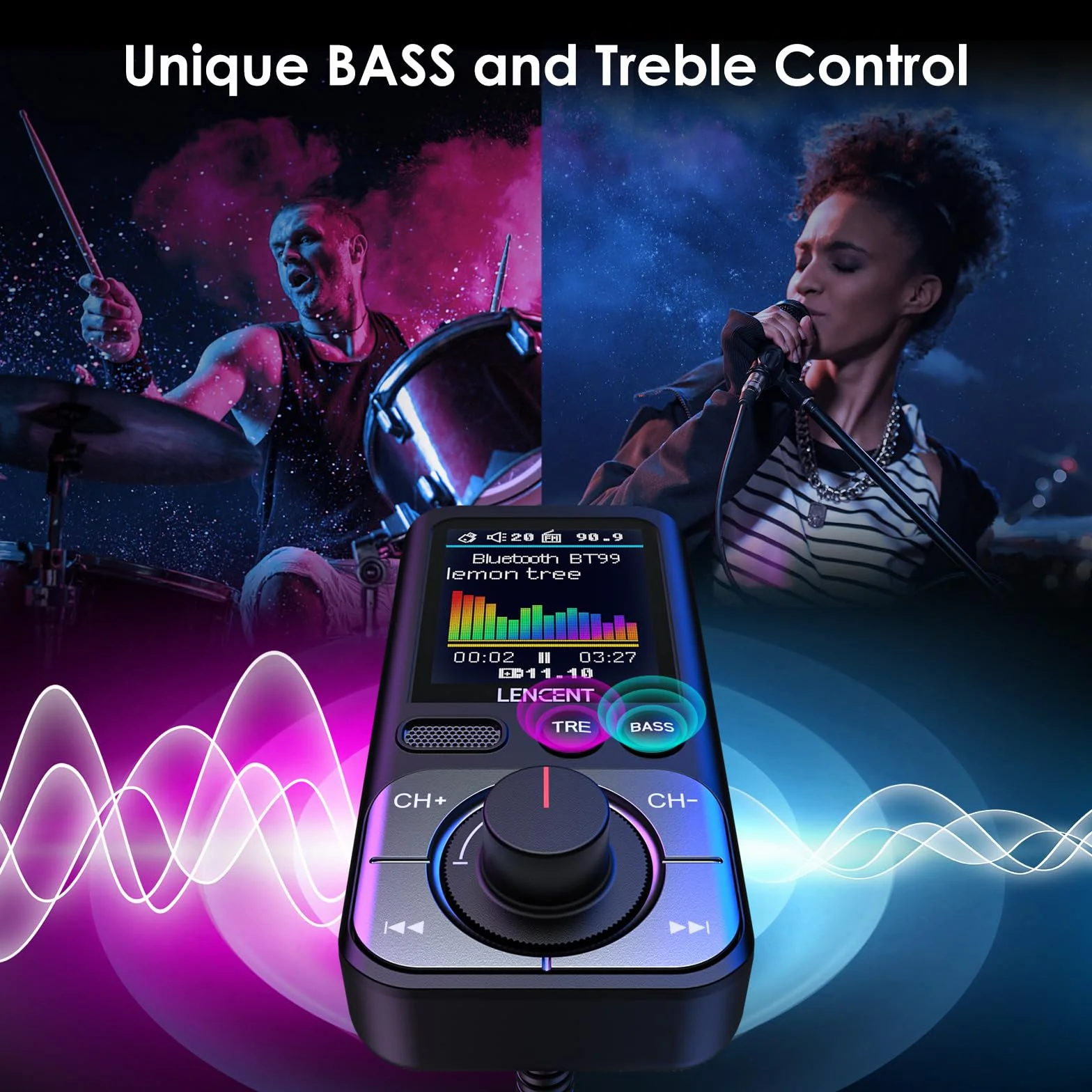LENCENT 5.0 Samochodowy Nadajnik FM Bluetooth z Adapter AUX Bezprzewodowy QC3.0 USB-A Zestaw Głośnomówiący HiFi