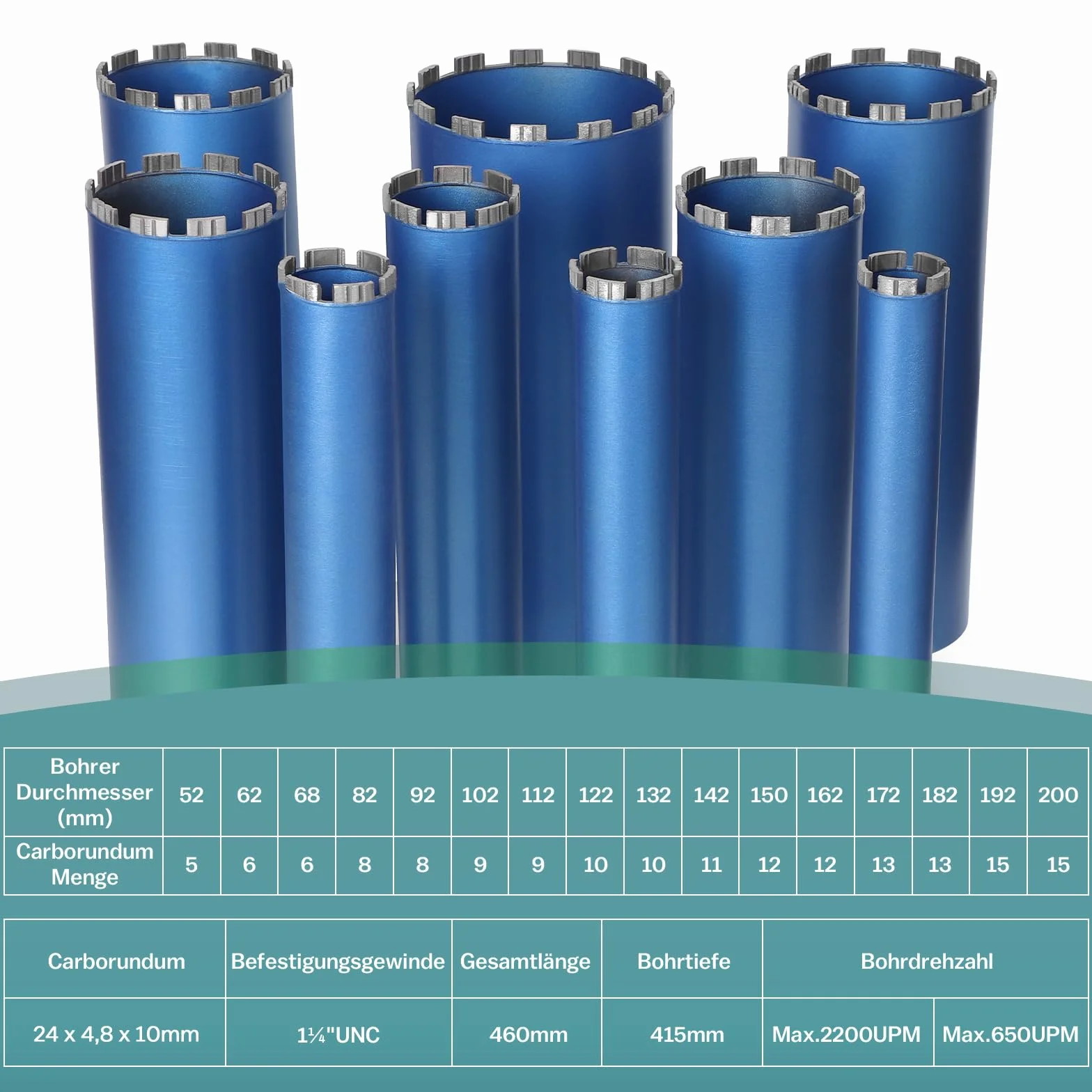 1 ¼ UNC diamentowa koronka wiertnicza z 10 mm Turbo | L 460 mm | Ø 112 mm | 9 segmentów | SDS-max, diamentowa koronka wiertnicza rdzeniowa do wiertarek rdzeniowych, wiertło do płytek do betonu