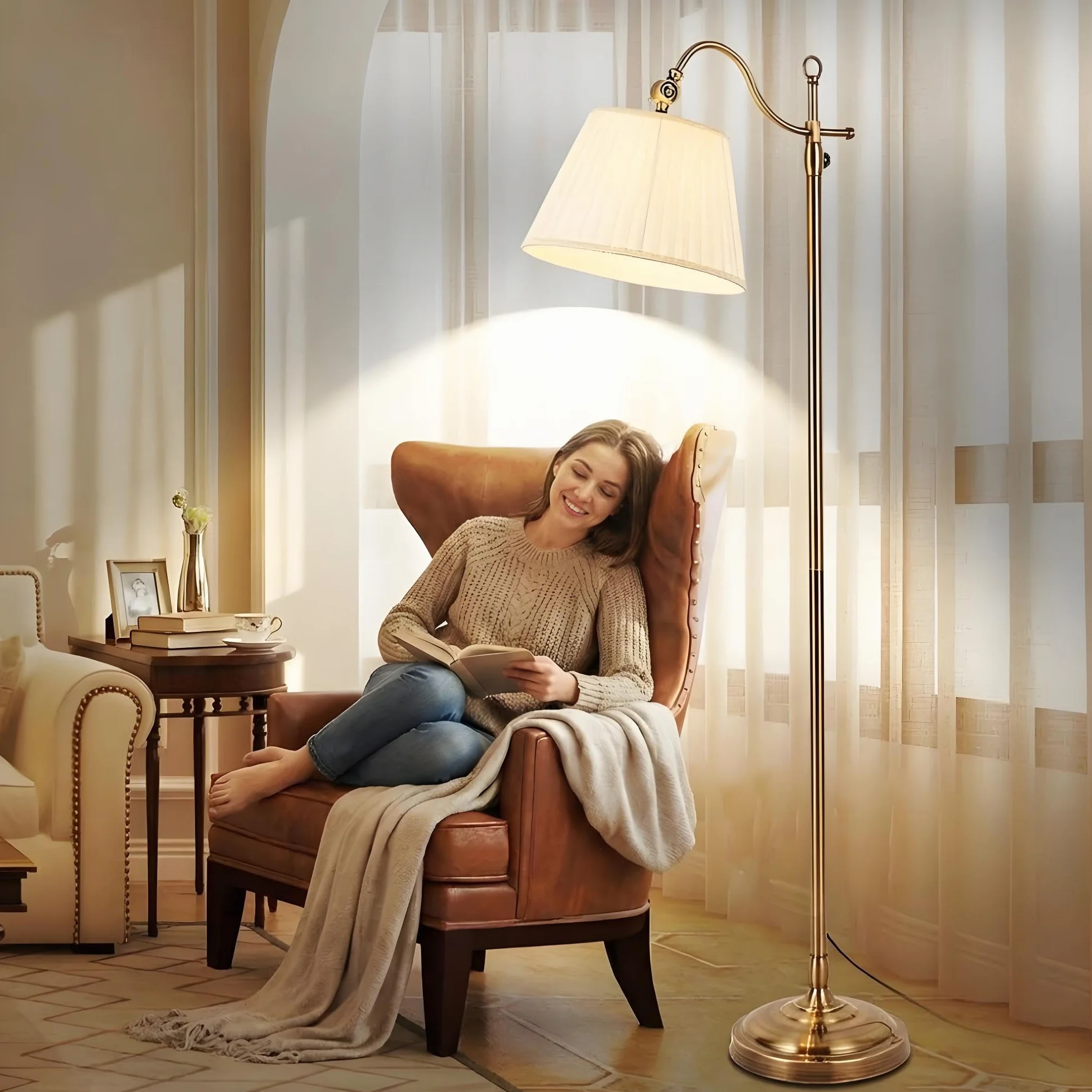 ACHNC Vintage lampa podłogowa LED na stojąco złota - lampka nocna i do czytania do salonu i sypialni - pionowa metalowa E27