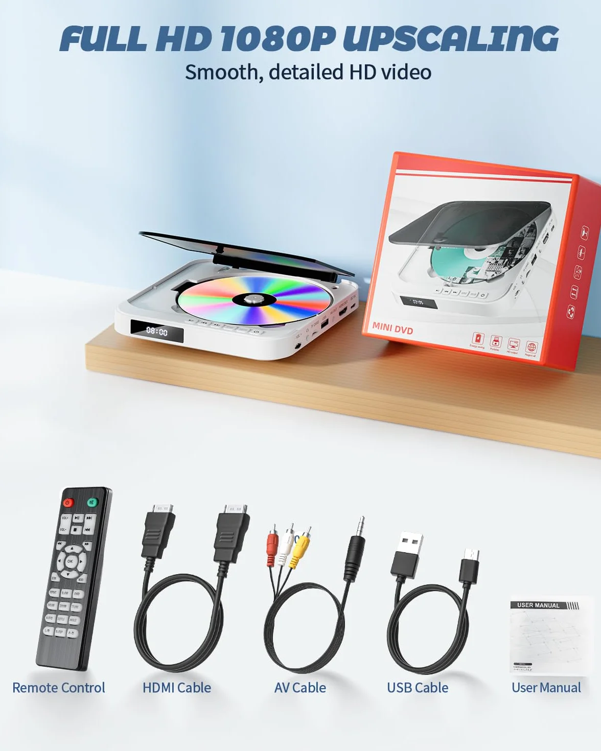 Desobry Mini odtwarzacz DVD do telewizora, mały odtwarzacz DVD HDMI we wszystkich regionach, pamięć punktu przerwania (MD115W-04DE)