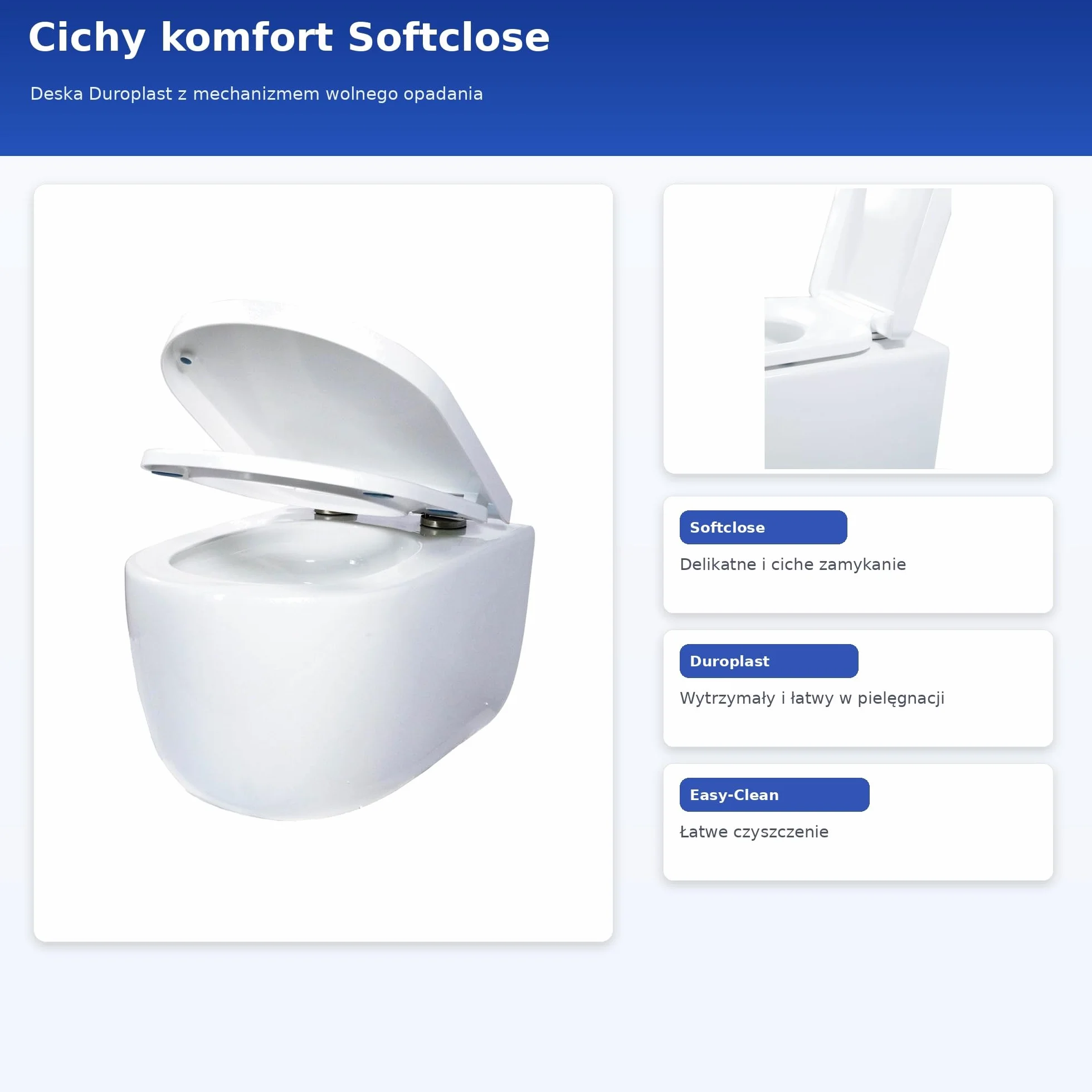 Wisząca + WC bez kołnierza 53 cm, naścienna WC z deską Softclose, biała