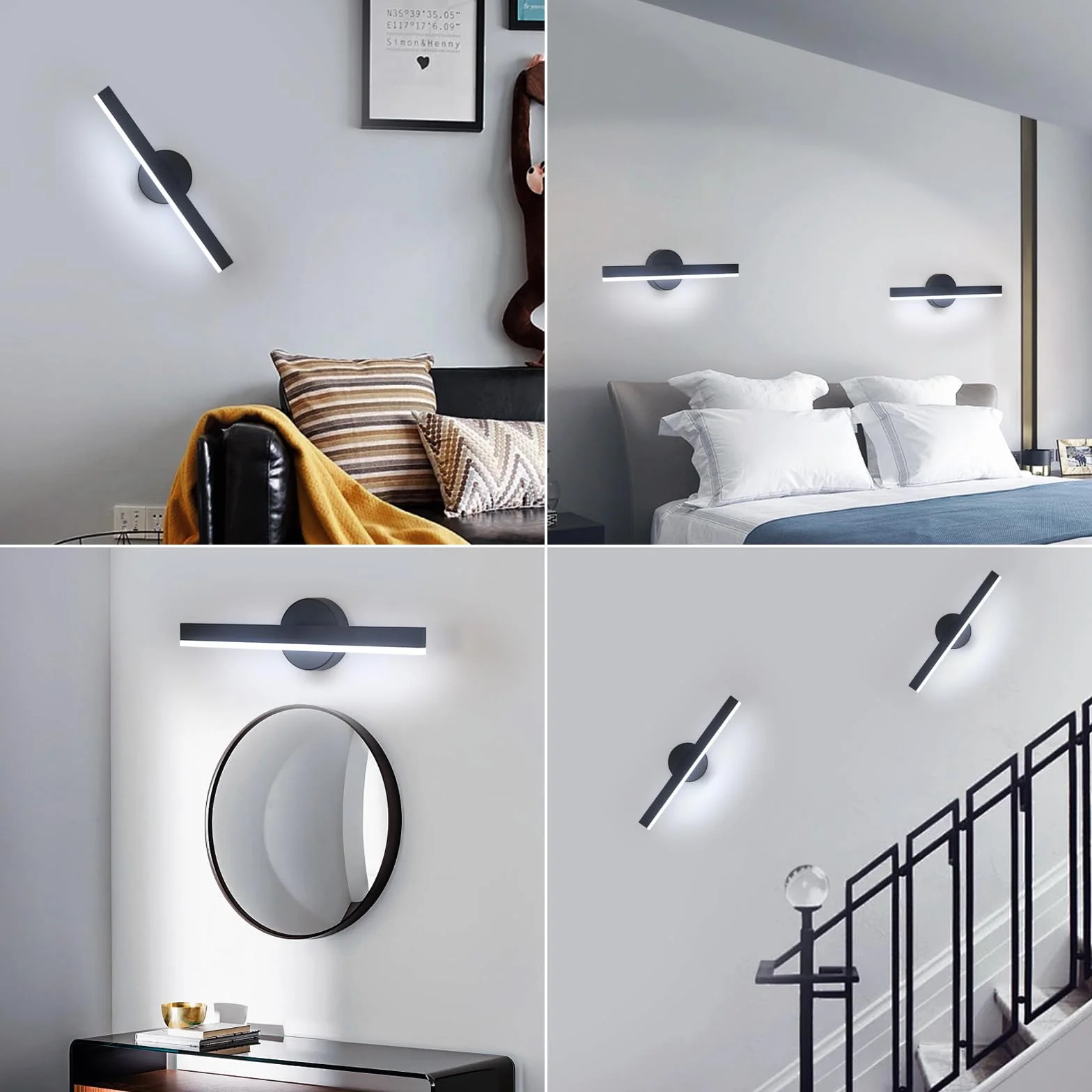 Riserva Lampa ścienna LED, nowoczesna, 12 W, lampa ścienna do wewnątrz, obracany o 300°, kinkiet ścienny, czarny, do sypialni, lustra, salonu, jadalni, klatki schodowej, 6500 K, białe światło