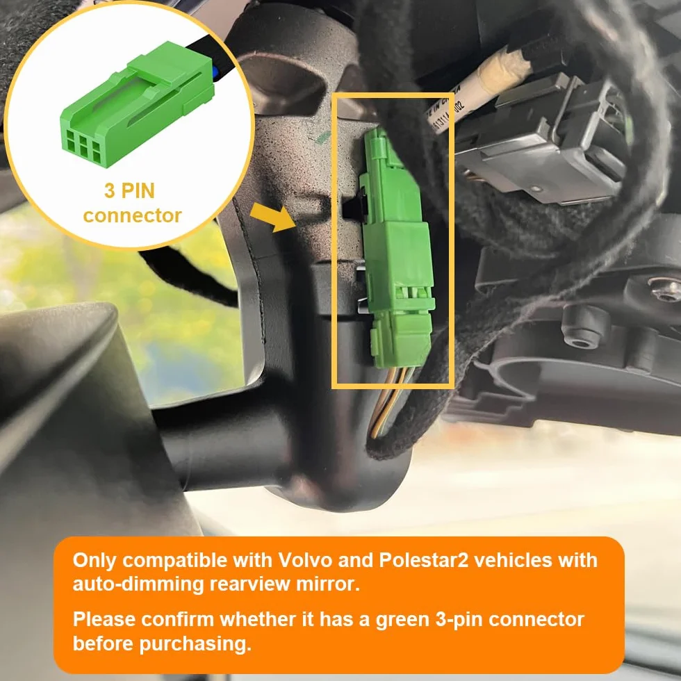 Adapter zasilania (3-Pin) do Volvo, Polestar2 (XC60 XC40 S60 V60 C40 S90 XC90 V90 itp.) Wyświetlacz LED Zasilanie USB, Podłącz do lusterka tylnego, wyjście 5V 12V, Łatwe w instalacji, D3-015