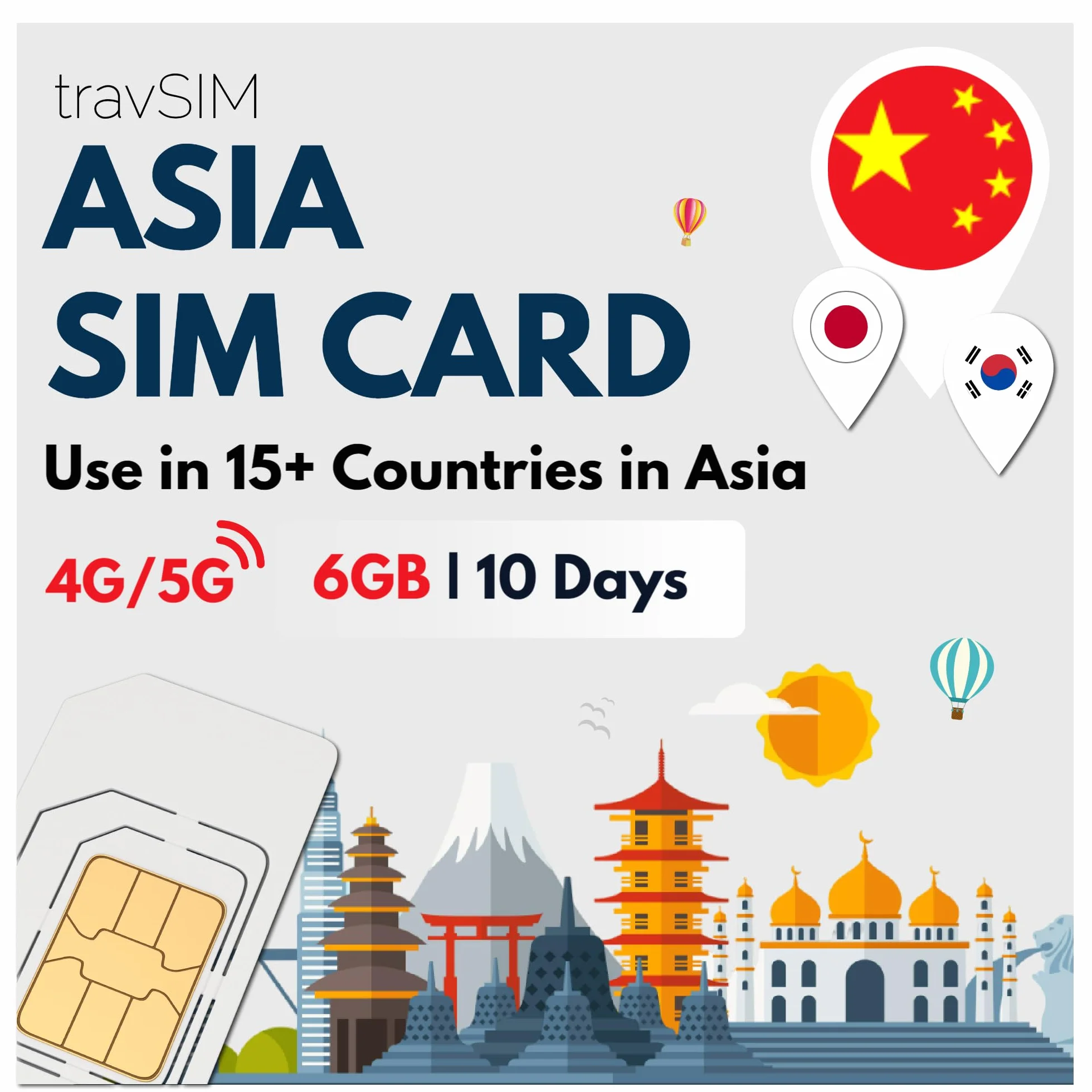 travSIM ASIA Karta SIM 6 GB danych mobilnych Bezpłatny roaming Chiny Japonia Korea Południowa Azja 10 dni