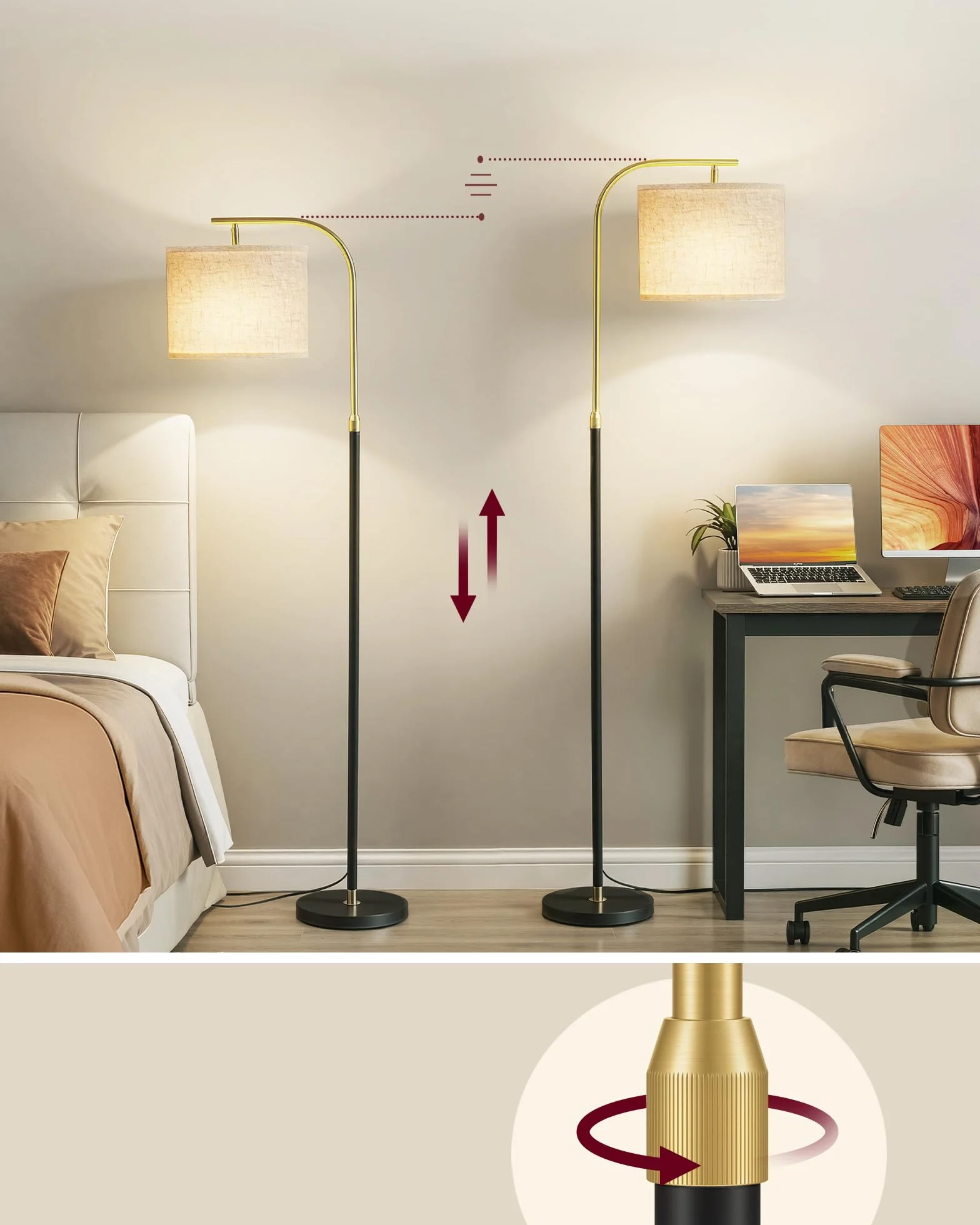 VASAGLE Lampa stojąca, lampa łukowa, lampa stojąca, lampka do czytania z regulacją wysokości, wysokość 150-175 cm, nowoczesna, z przyciskiem nożnym, abażur z tkaniny, oprawka E27, matowa czerń