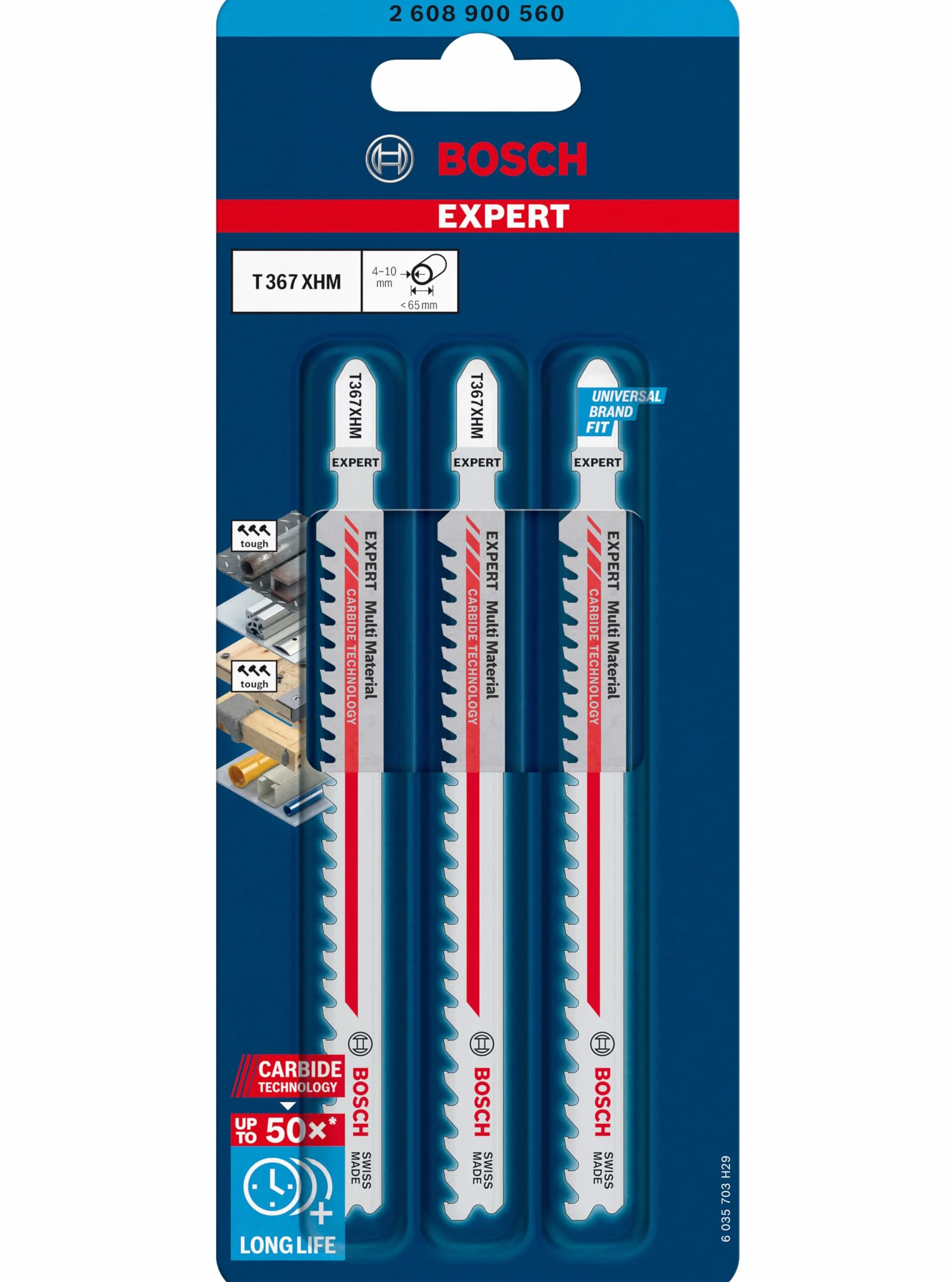 Bosch 3x Brzeszczot do wyrzynarki EXPERT Multi Material T367XHM (do Drewno z twardym metalem, Twarda stal, Długość 132 mm, Professional Akcesoria Wyrzynarka)