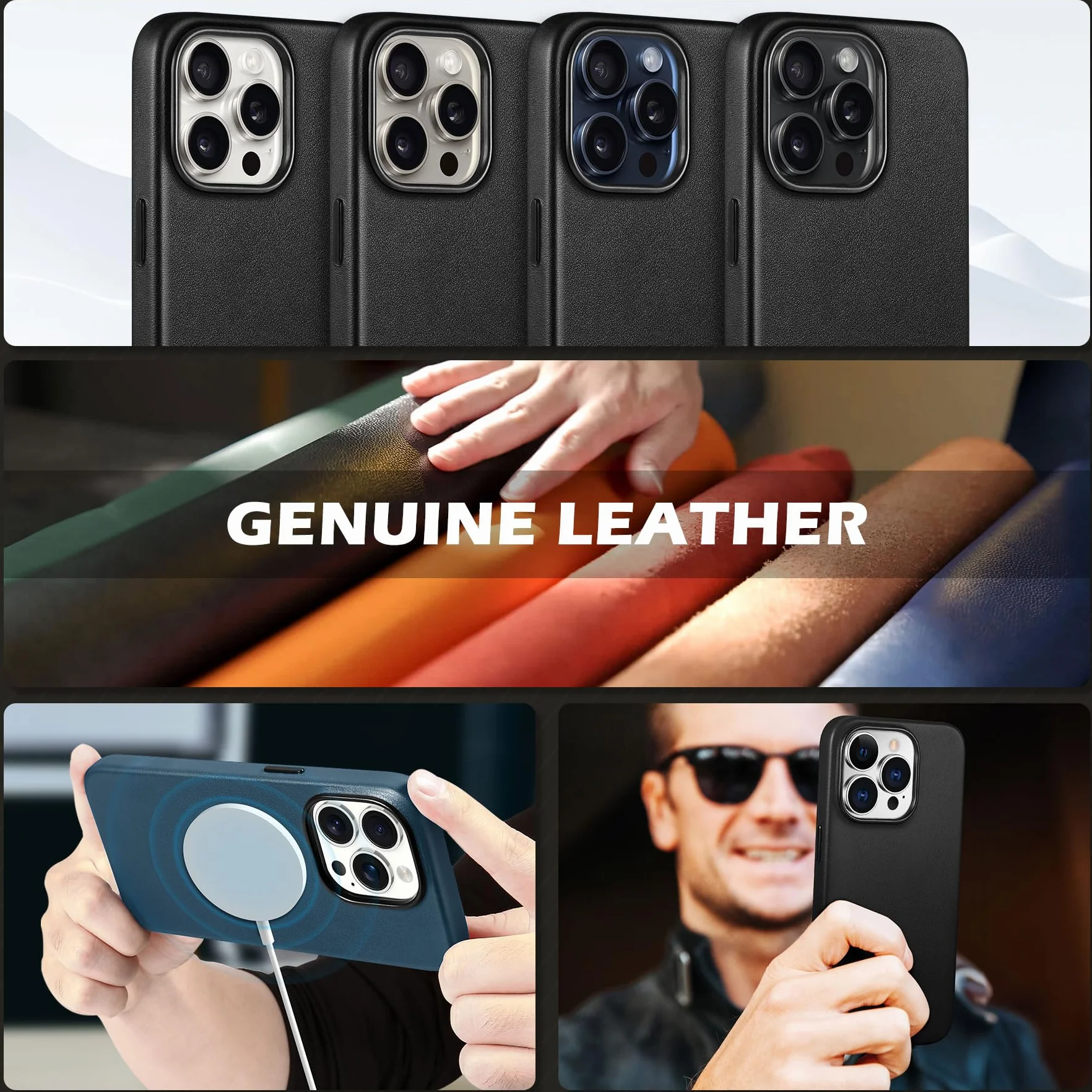 SHIELDON Etui iPhone 15 Pro 6,1" Prawdziwa Skóra Magnetyczne Slim Fit Antyzarysowania Ładowanie Bezprzewodowe Odporne na Wstrząsy Ochronne Czarny